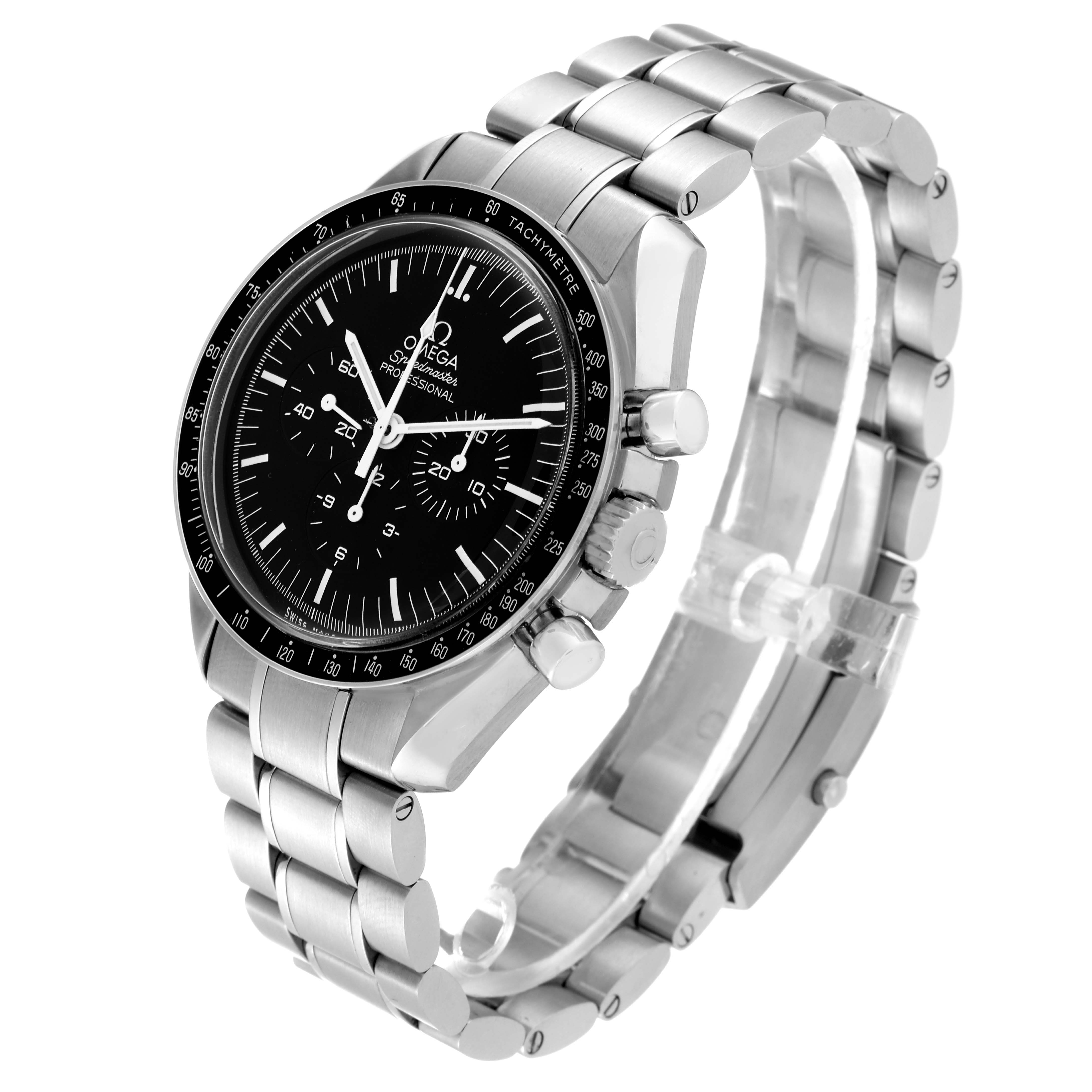 The Omega Speedmaster 311.30.42.30.01.005 Men
s Stainless Steel Black Dial 311.30.42.30.01.005 Men
s Stainless Steel Black Dial watch is shown at an angle displaying the face, bezel, crown, chronograph pushers, and metal bracelet.