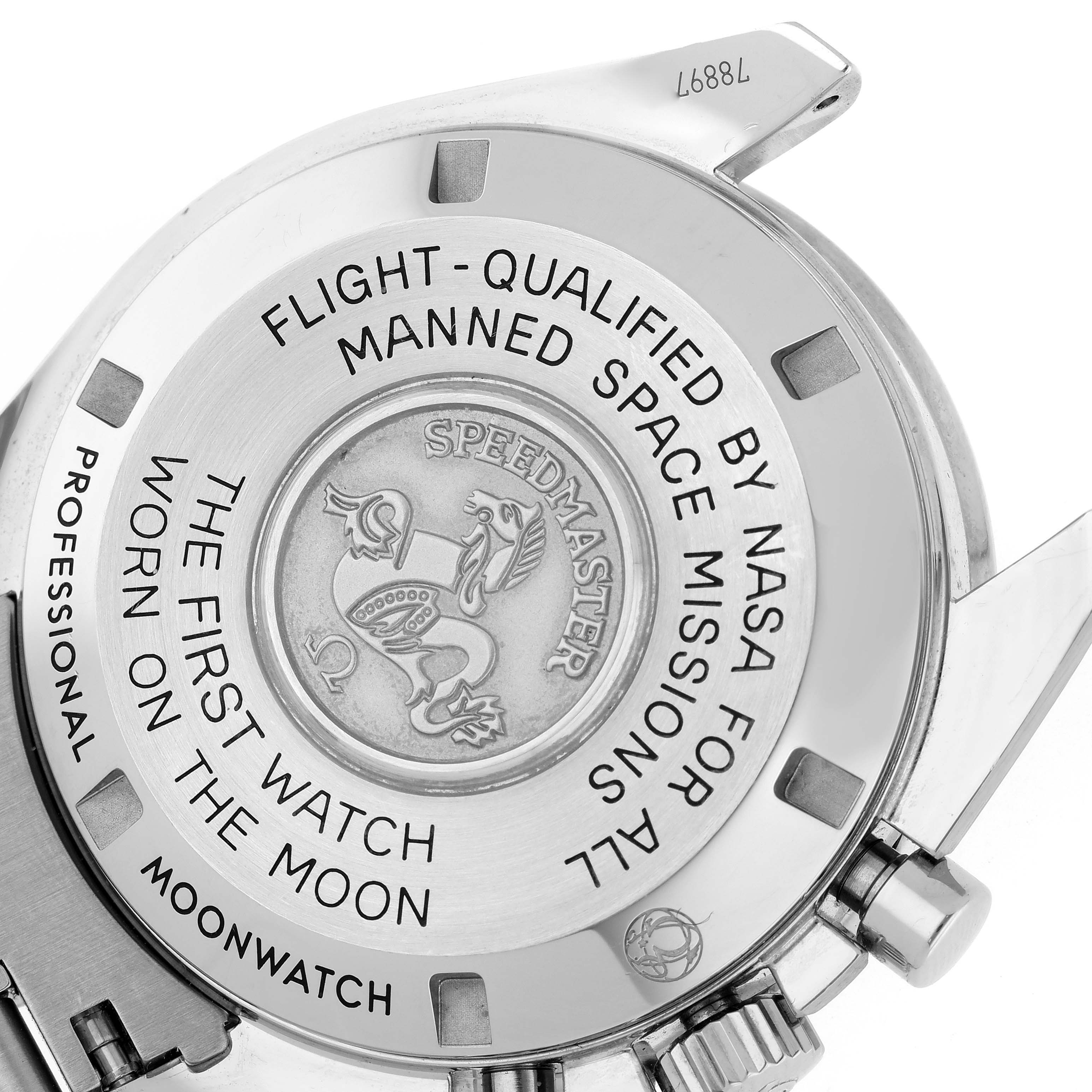 The image shows the back case of an Omega Speedmaster 311.30.42.30.01.005 Men
s Stainless Steel Black Dial 311.30.42.30.01.005 Men
s Stainless Steel Black Dial watch, highlighting its inscriptions and the crown.