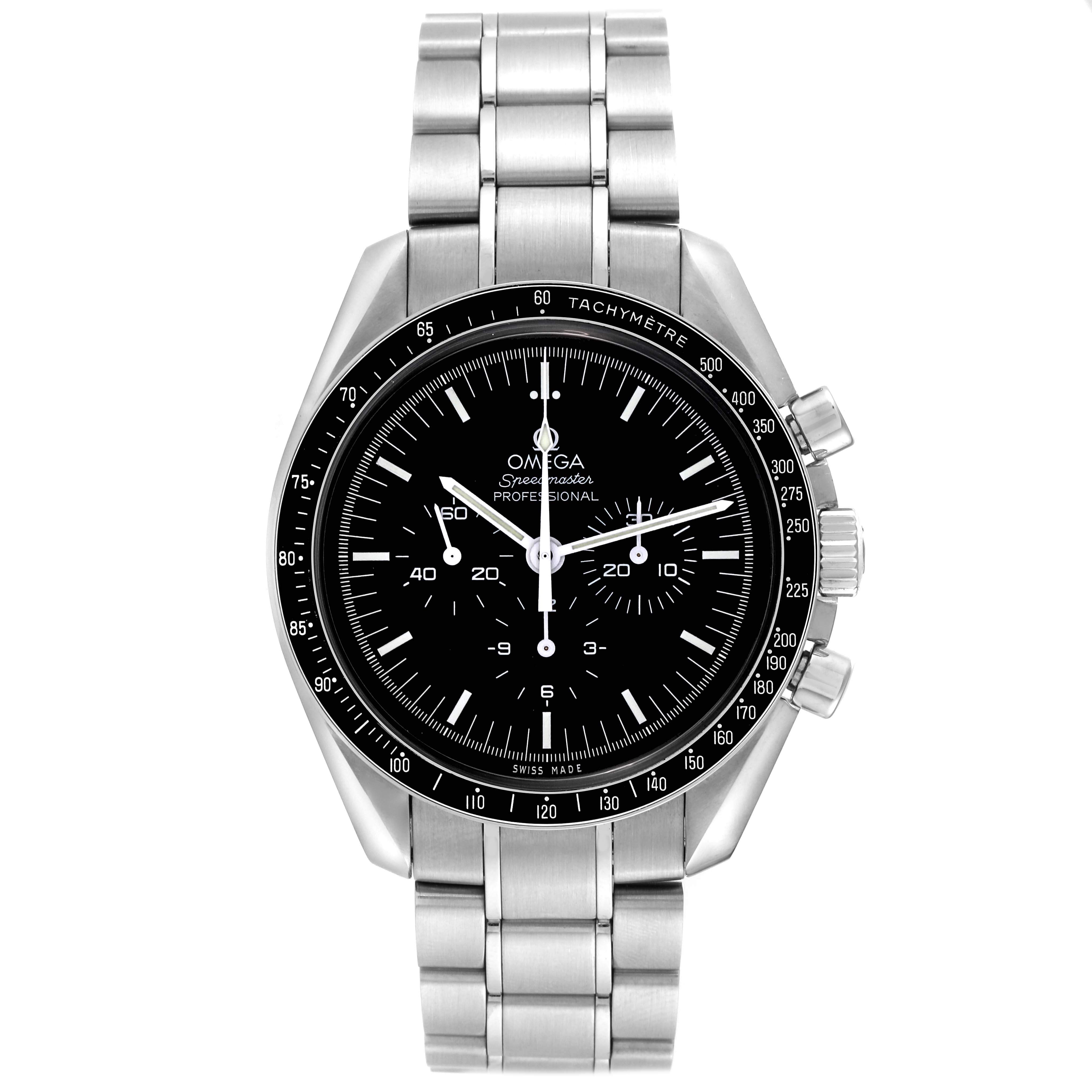 The image shows a front view of the Omega Speedmaster 311.30.42.30.01.005 Men
s Stainless Steel Black Dial 311.30.42.30.01.005 Men
s Stainless Steel Black Dial watch, highlighting its dial, bezel, and stainless steel bracelet.