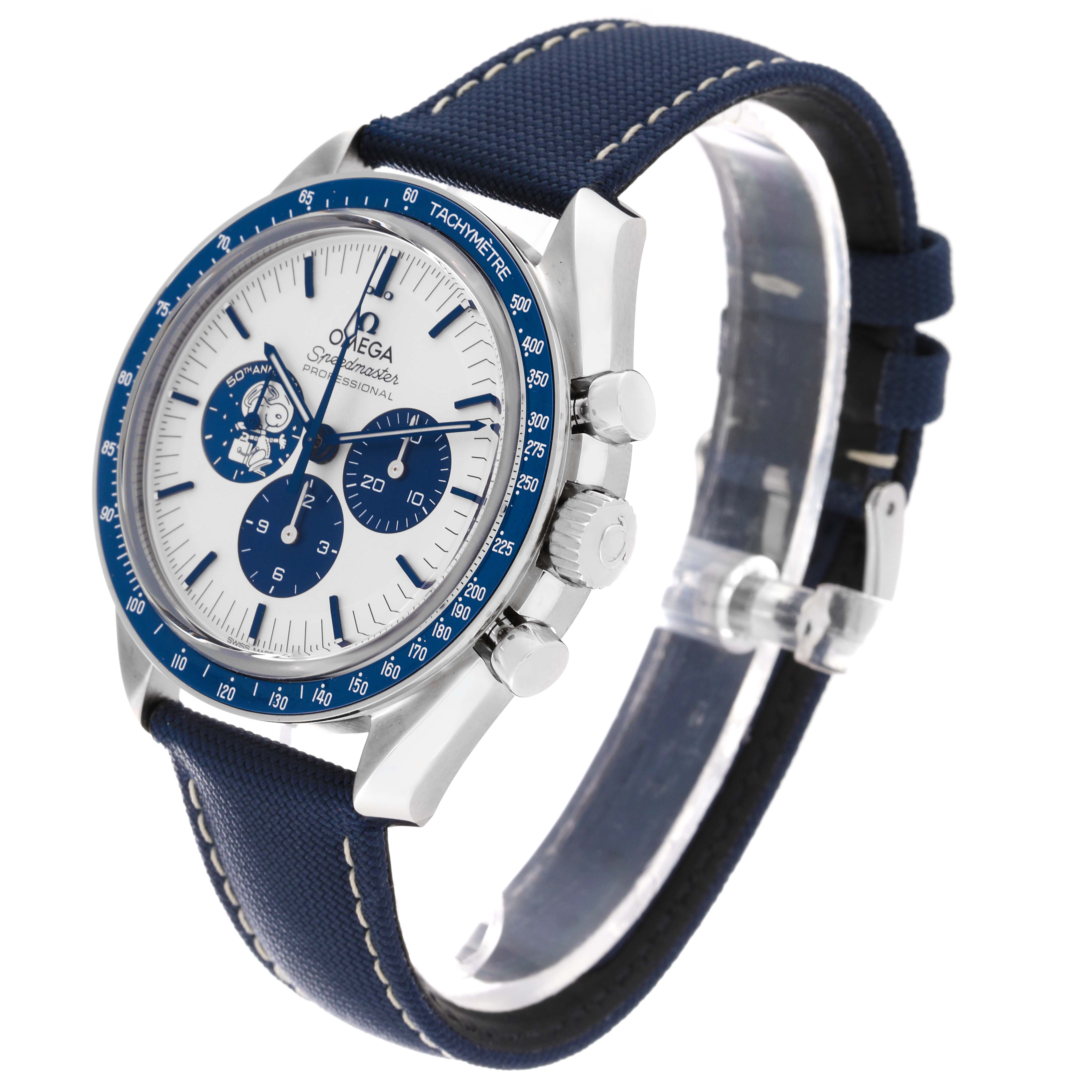 The Omega Speedmaster 310.32.42.50.02.001 Men
s Stainless Steel Silver Dial 310.32.42.50.02.001 Men
s Stainless Steel Silver Dial watch is shown at a slight angle, revealing the face, bezel, buttons, and part of the strap.