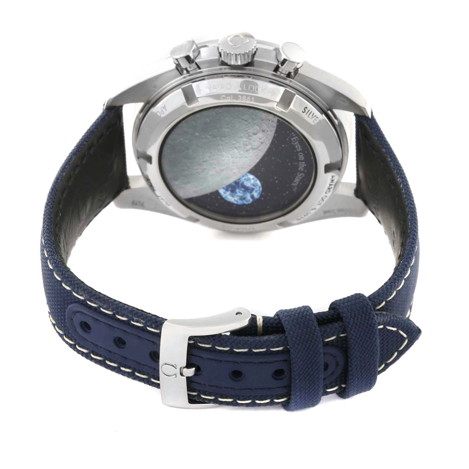 The image shows the back view of an Omega Speedmaster 310.32.42.50.02.001 Men
s Stainless Steel Silver Dial 310.32.42.50.02.001 Men
s Stainless Steel Silver Dial watch, featuring its case back and a blue strap with a buckle.