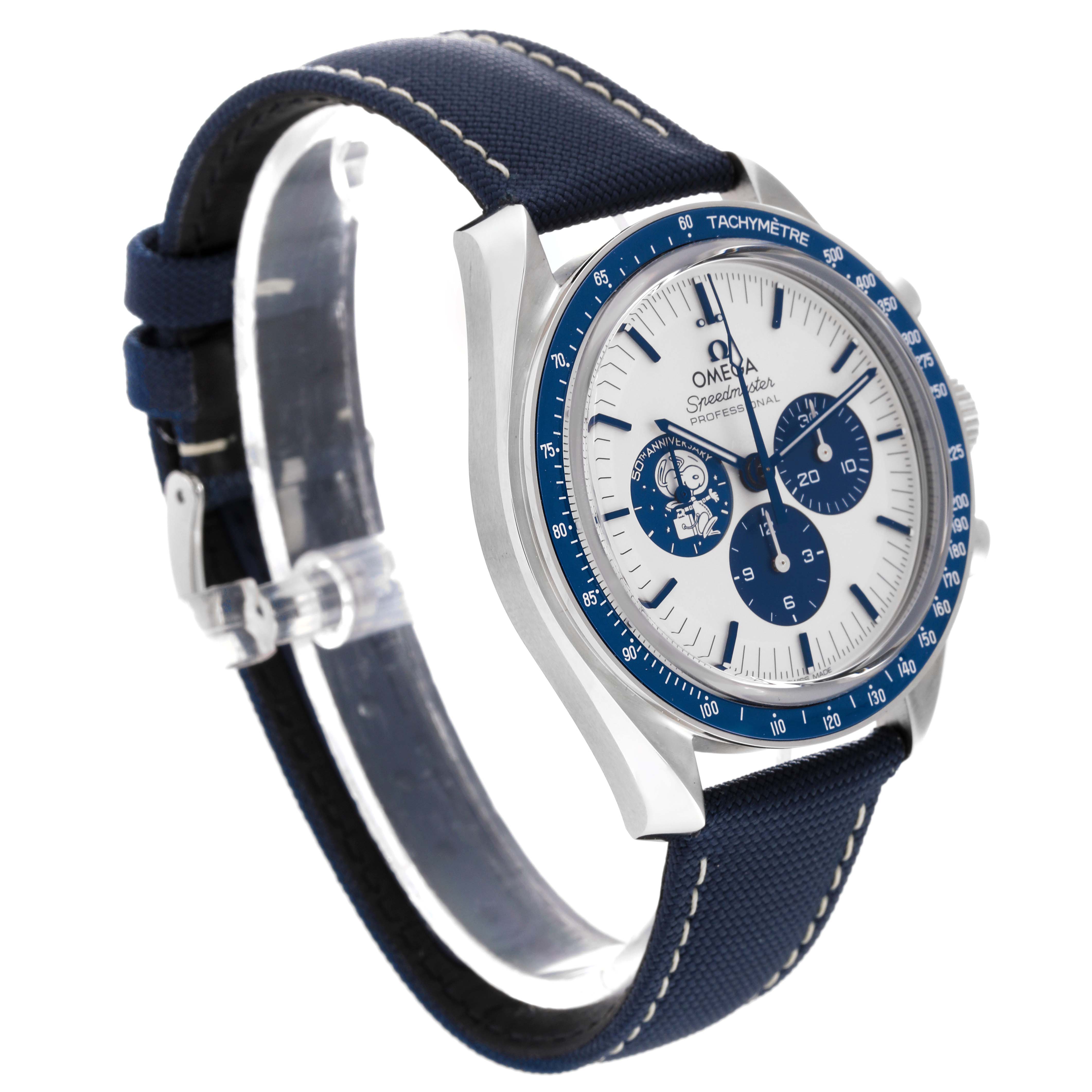 The Omega Speedmaster 310.32.42.50.02.001 Men
s Stainless Steel Silver Dial 310.32.42.50.02.001 Men
s Stainless Steel Silver Dial watch is shown from a three-quarter angle, highlighting its face, bezel, and strap.