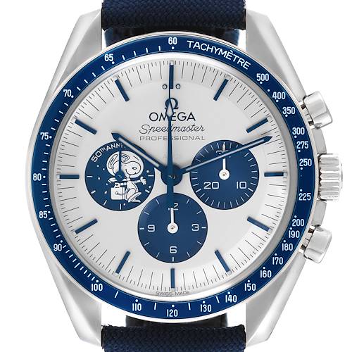 The image shows a front view of an Omega Speedmaster watch, highlighting its face, dial, tachymeter bezel, and pushers.