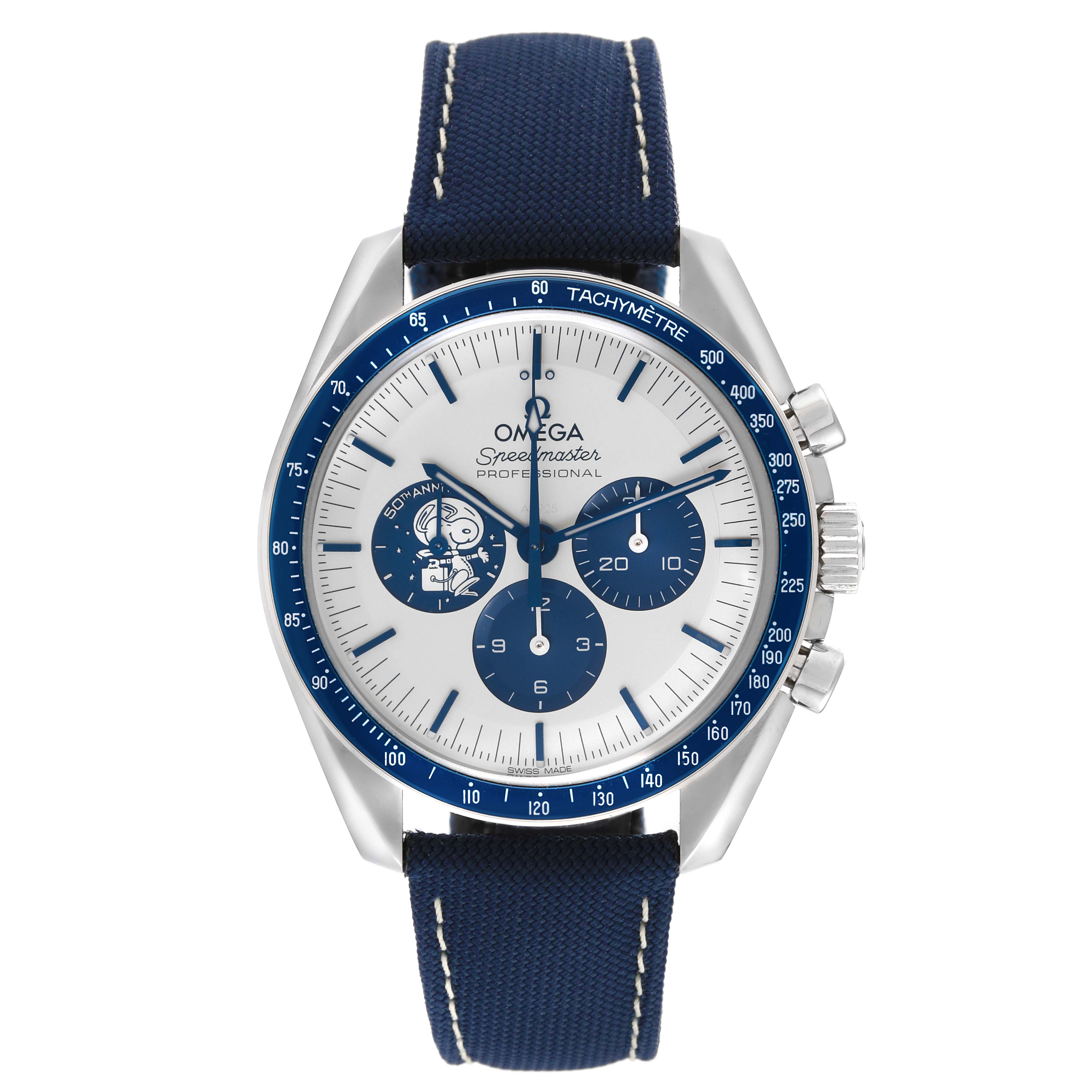 The image shows a front view of an Omega Speedmaster 310.32.42.50.02.001 Men
s Stainless Steel Silver Dial 310.32.42.50.02.001 Men
s Stainless Steel Silver Dial watch with a blue tachymeter bezel, chronograph subdials, and a blue strap.