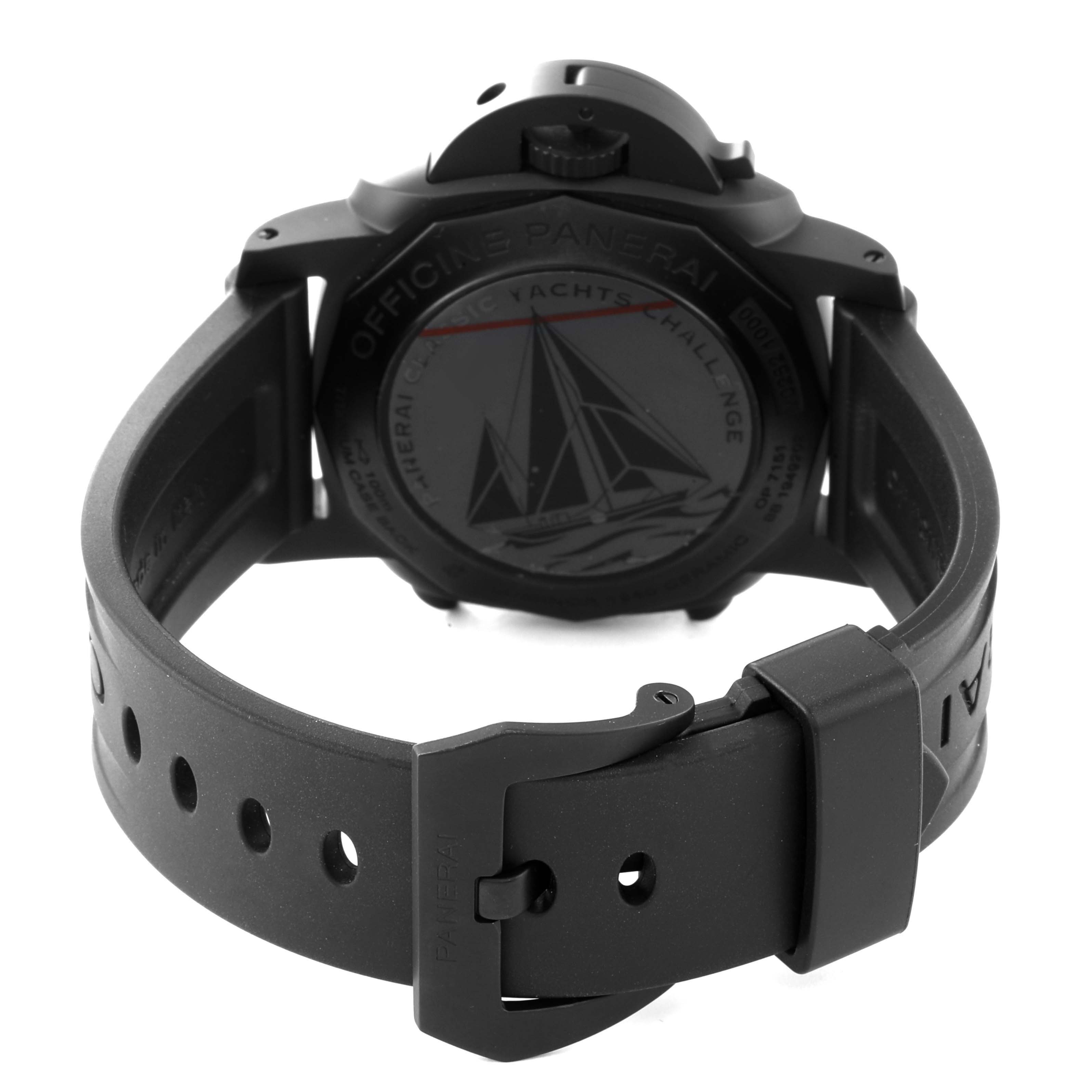 The image shows the back view of a Panerai Luminor PAM01275 Men's Ceramic Black Dial PAM01275 Men's Ceramic Black Dial watch, highlighting the case back, strap, and buckle.