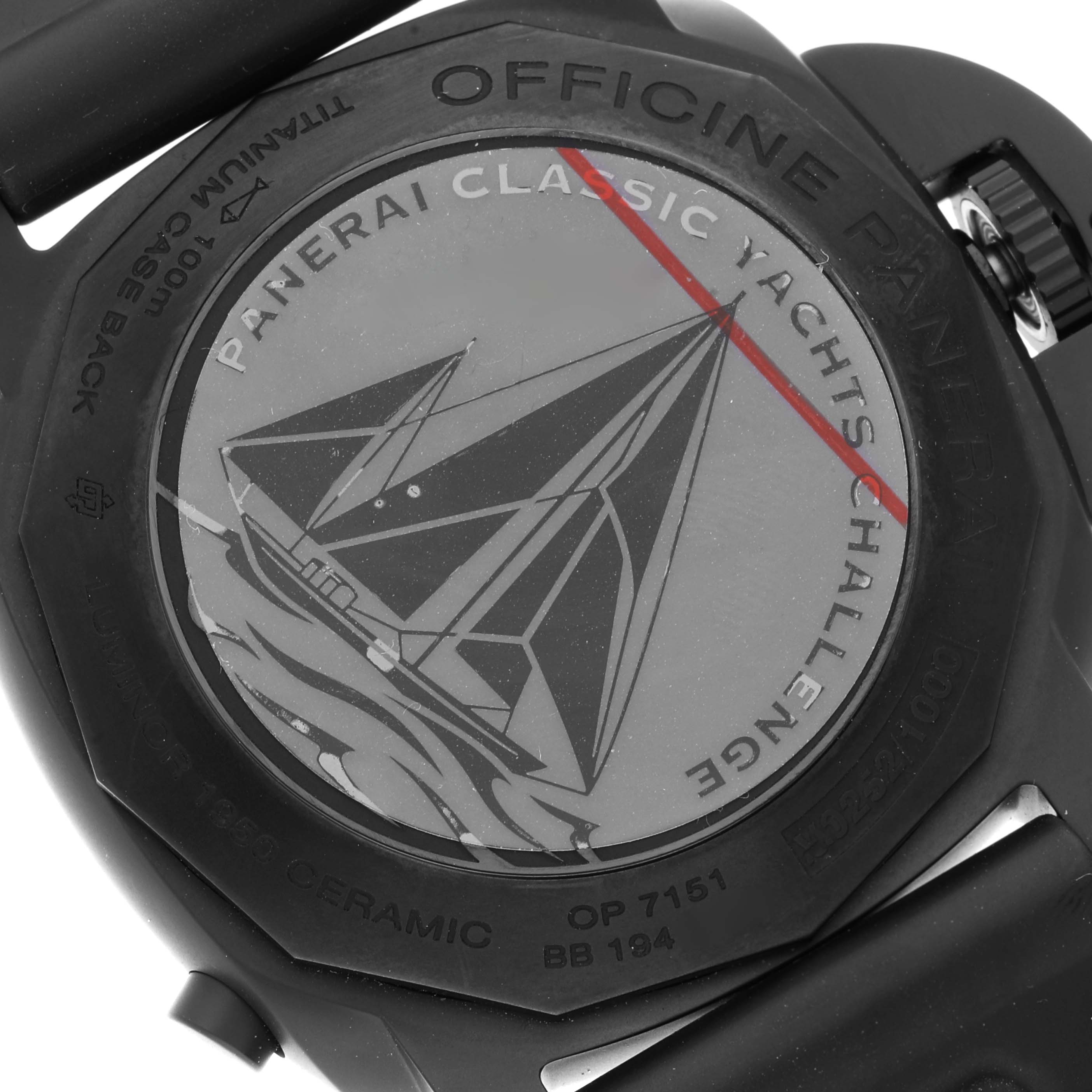 This image shows the back case of a Panerai Luminor PAM01275 Men's Ceramic Black Dial PAM01275 Men's Ceramic Black Dial watch featuring an engraving for the Classic Yachts Challenge.