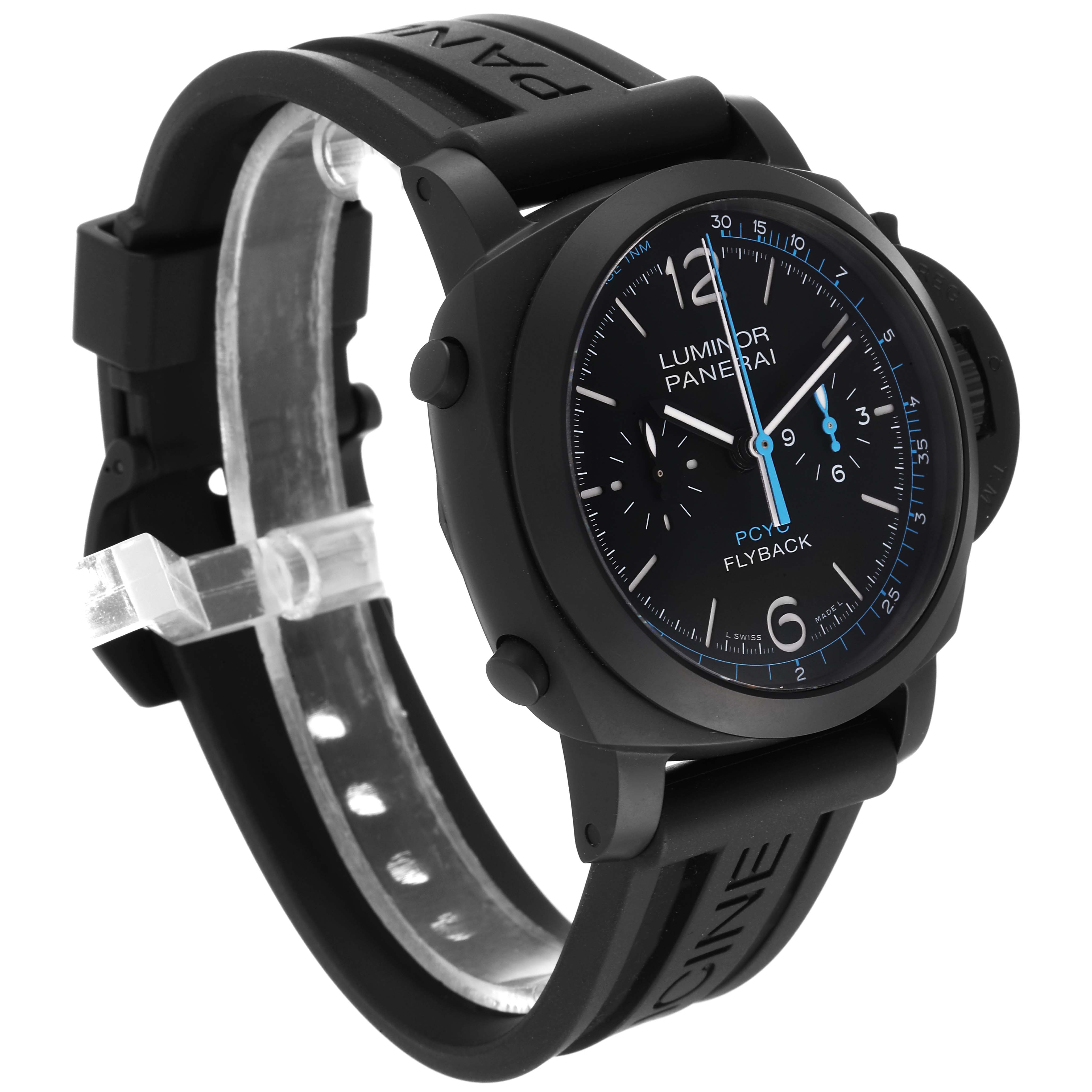 The image shows a Panerai Luminor PAM01275 Men's Ceramic Black Dial PAM01275 Men's Ceramic Black Dial watch at a slightly angled side view, highlighting its black case, dial, and rubber strap.