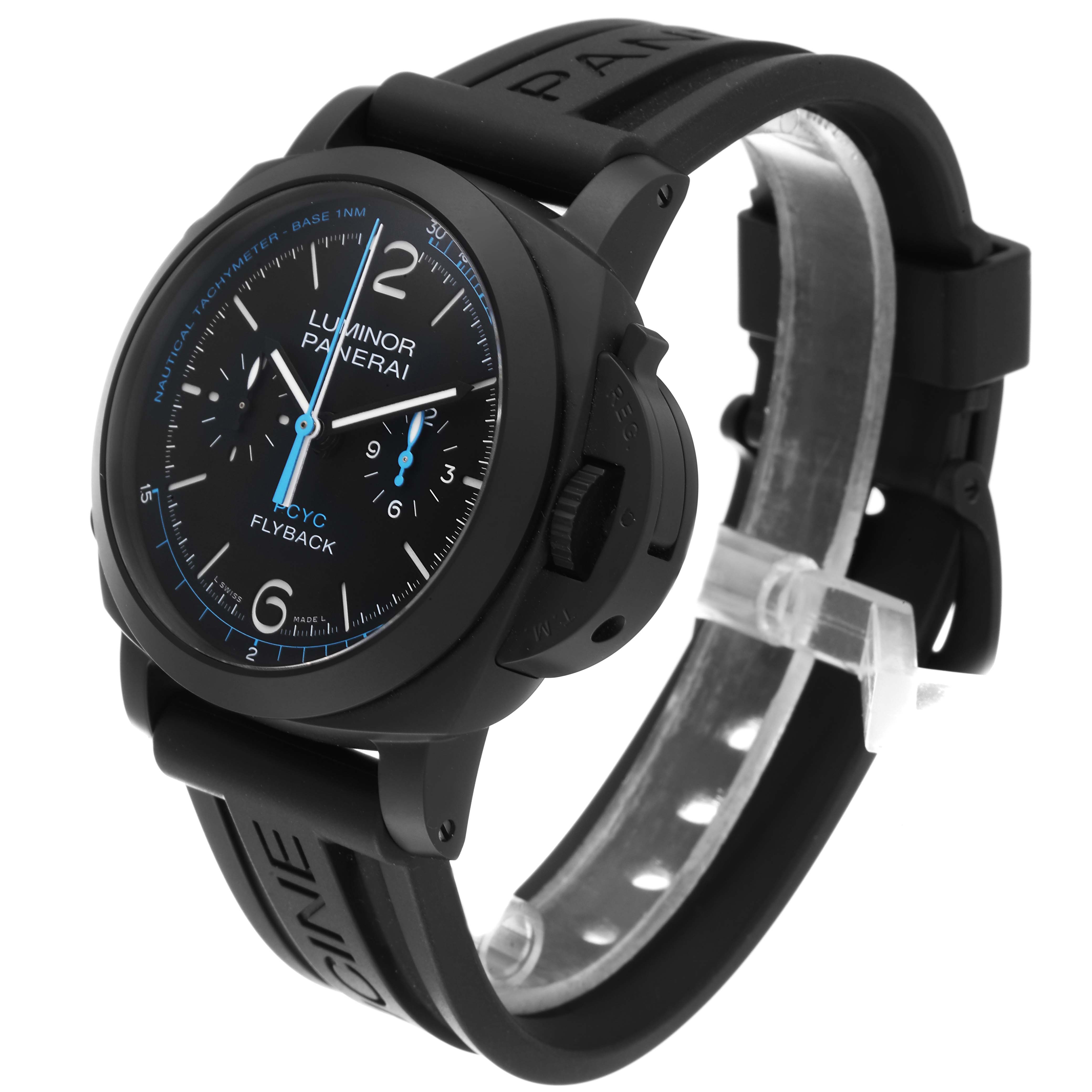 A black Panerai Luminor PAM01275 Men's Ceramic Black Dial PAM01275 Men's Ceramic Black Dial watch is shown from an angled side view, highlighting the face, strap, and crown guard.