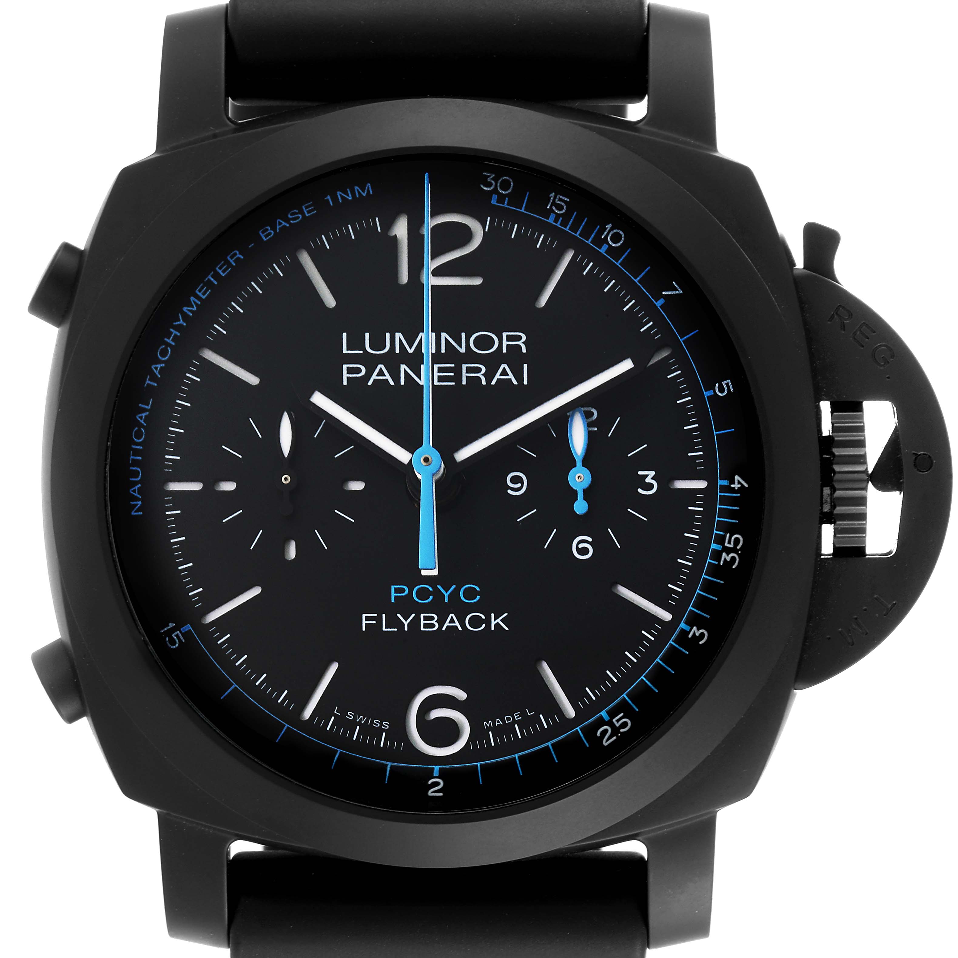 The image shows a Panerai Luminor PAM01275 Men's Ceramic Black Dial PAM01275 Men's Ceramic Black Dial PCYC Flyback watch from the front, highlighting its dial and case.