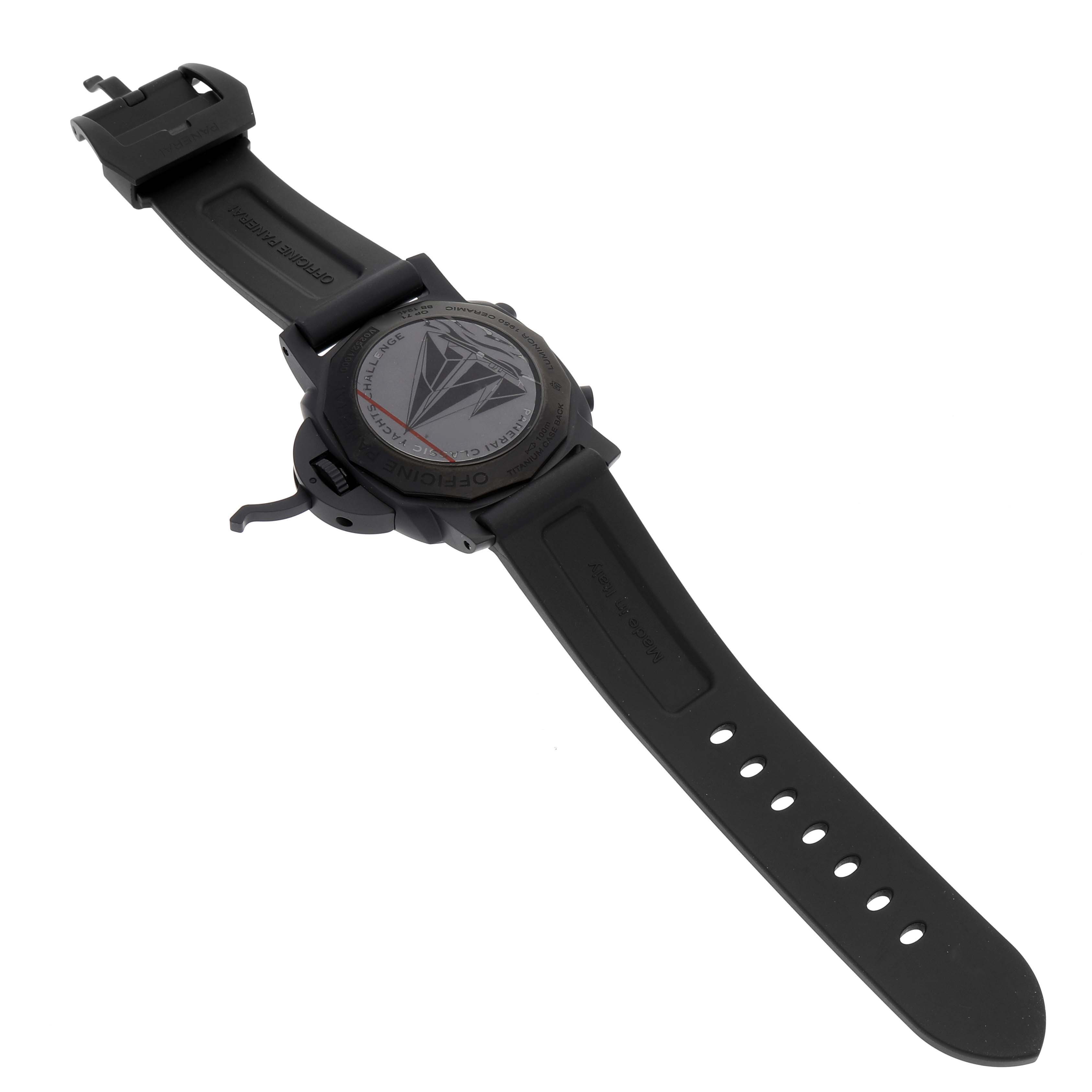 The image shows the back side and strap of a Panerai Luminor PAM01275 Men's Ceramic Black Dial PAM01275 Men's Ceramic Black Dial watch laid flat.