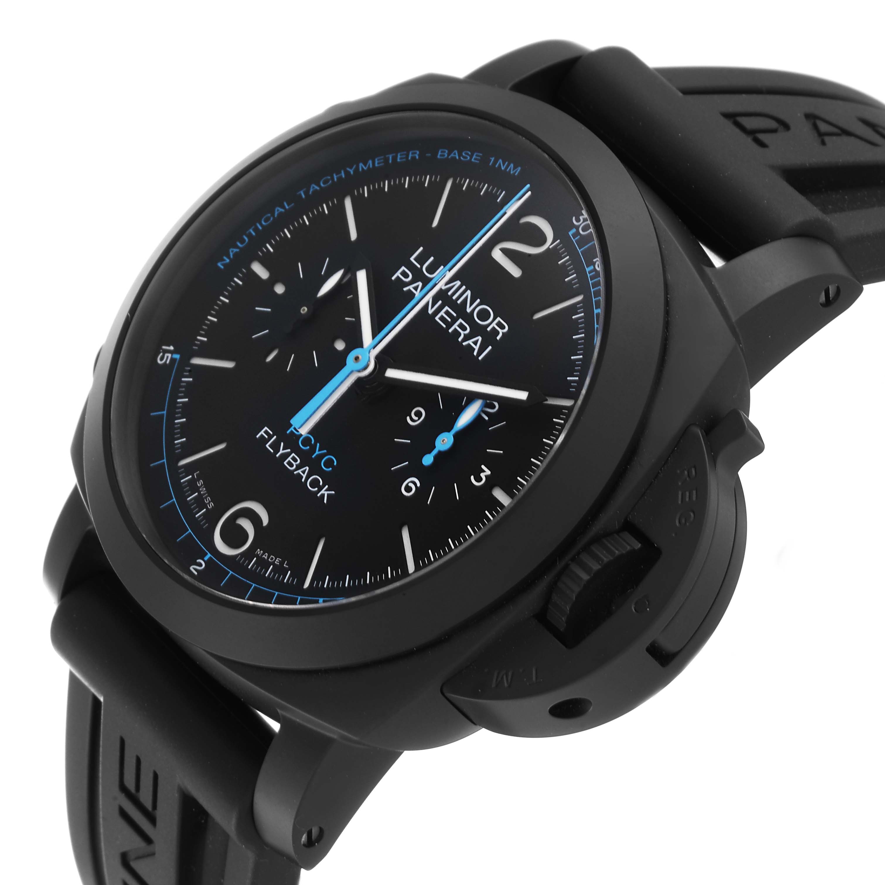 The image shows the front and side angle of a Panerai Luminor PAM01275 Men's Ceramic Black Dial PAM01275 Men's Ceramic Black Dial watch, highlighting the dial, crown guard, and strap.