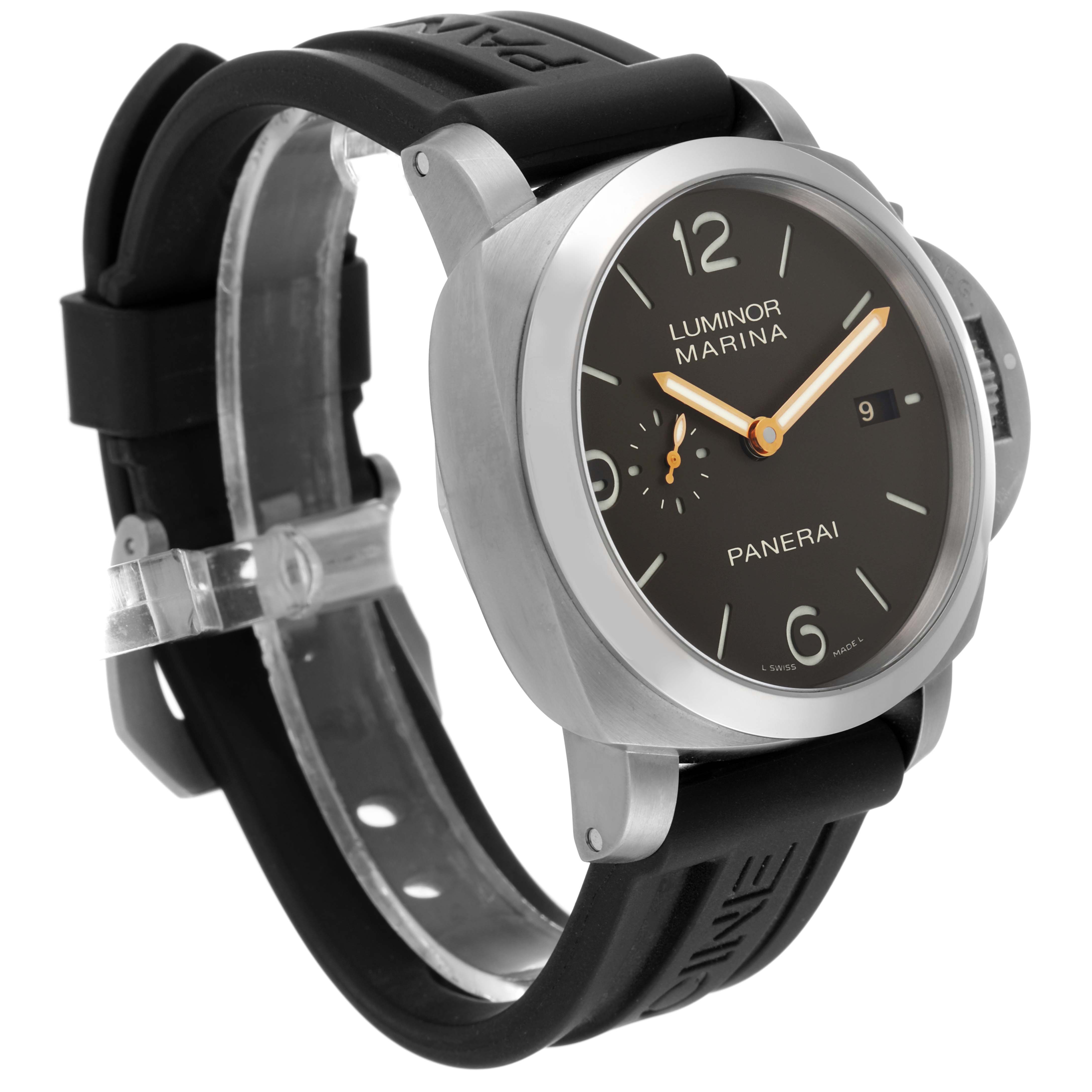 The image shows a Panerai Luminor PAM00351 Men's Titanium Brown Dial PAM00351 Men's Titanium Brown Dial watch at an angled front view, highlighting its dial, strap, and crown.