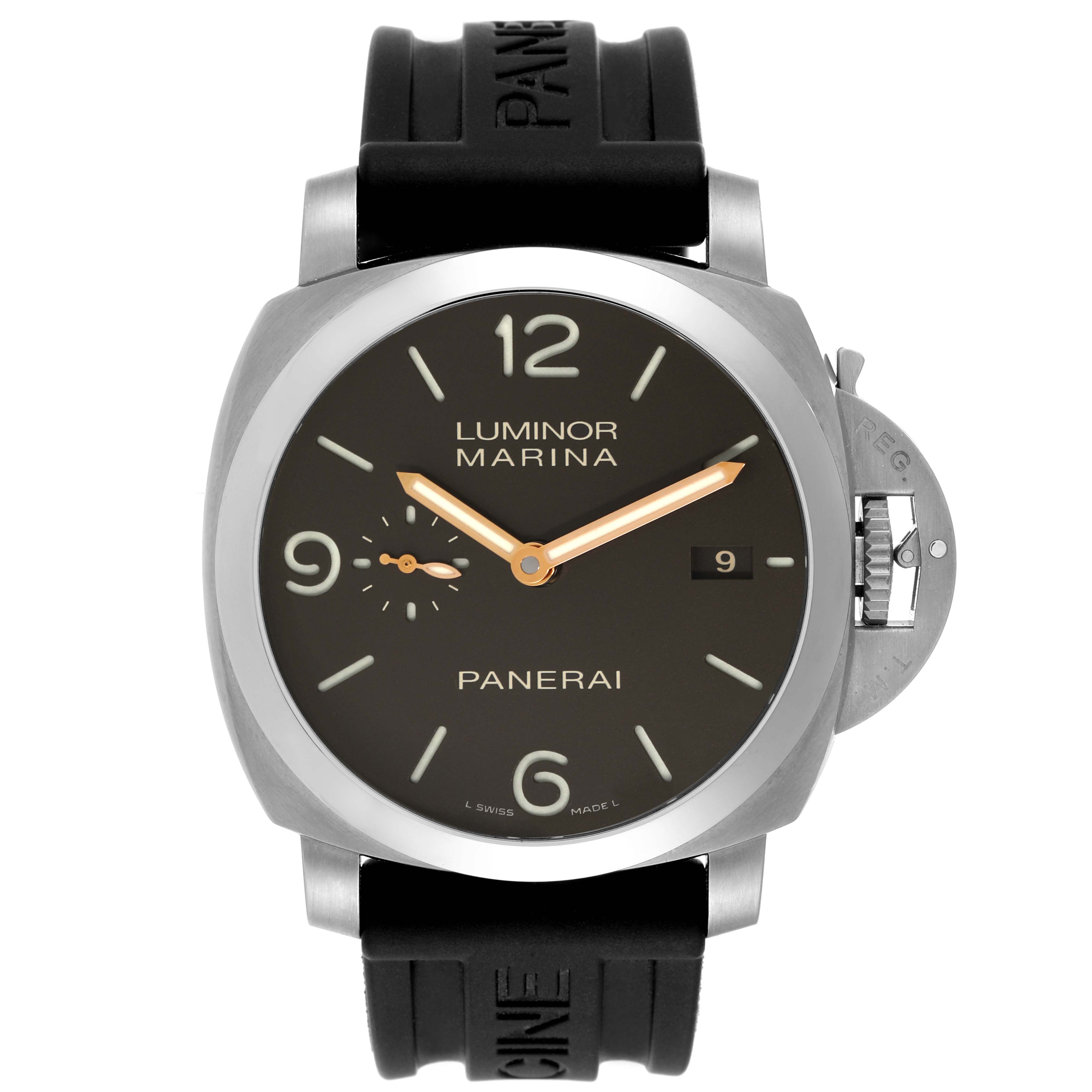 The image shows a front view of a Panerai Luminor PAM00351 Men's Titanium Brown Dial PAM00351 Men's Titanium Brown Dial Marina watch, displaying the dial, hands, and rubber strap.