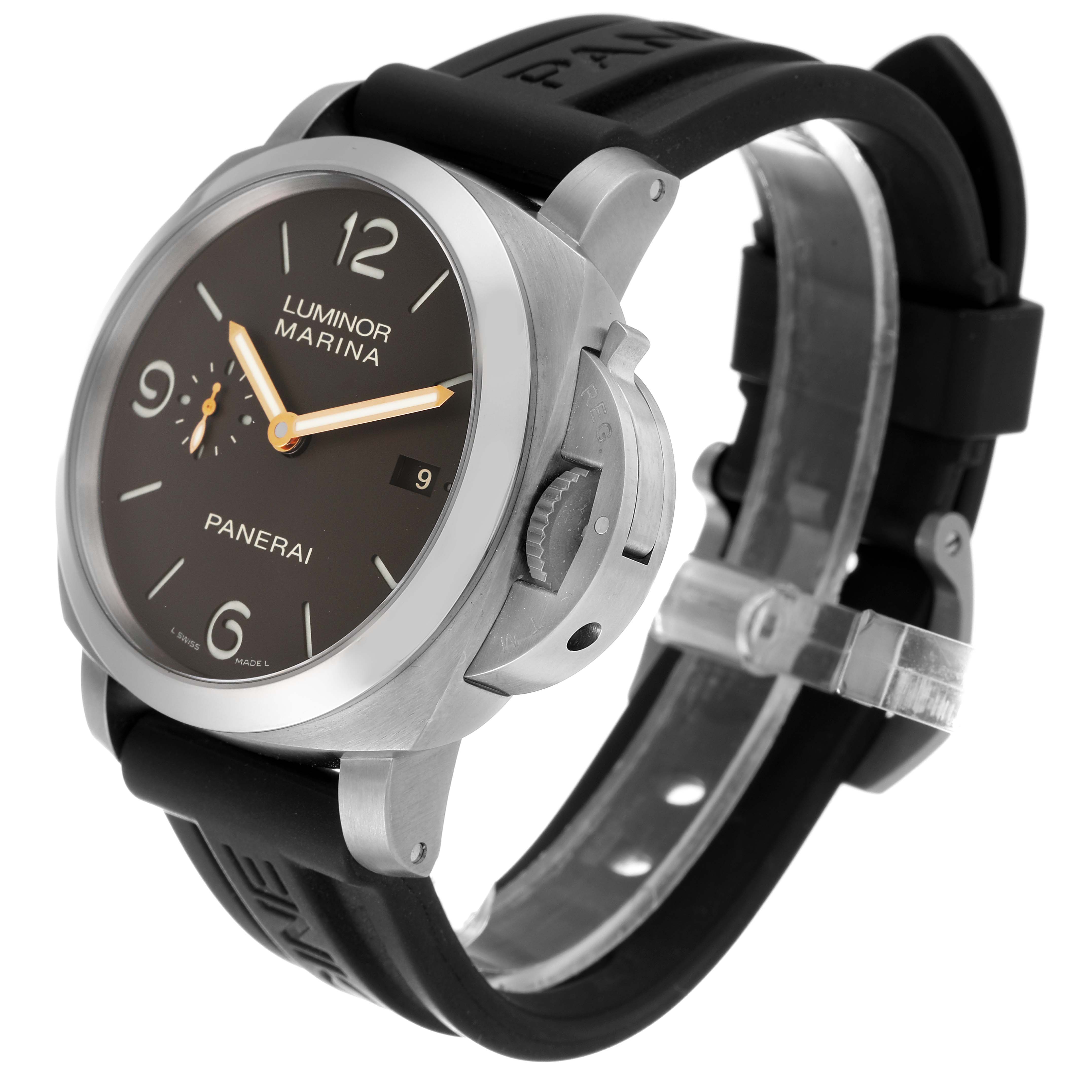 This image shows a side angle of the Panerai Luminor PAM00351 Men's Titanium Brown Dial PAM00351 Men's Titanium Brown Dial watch, highlighting the face, crown, and black strap.