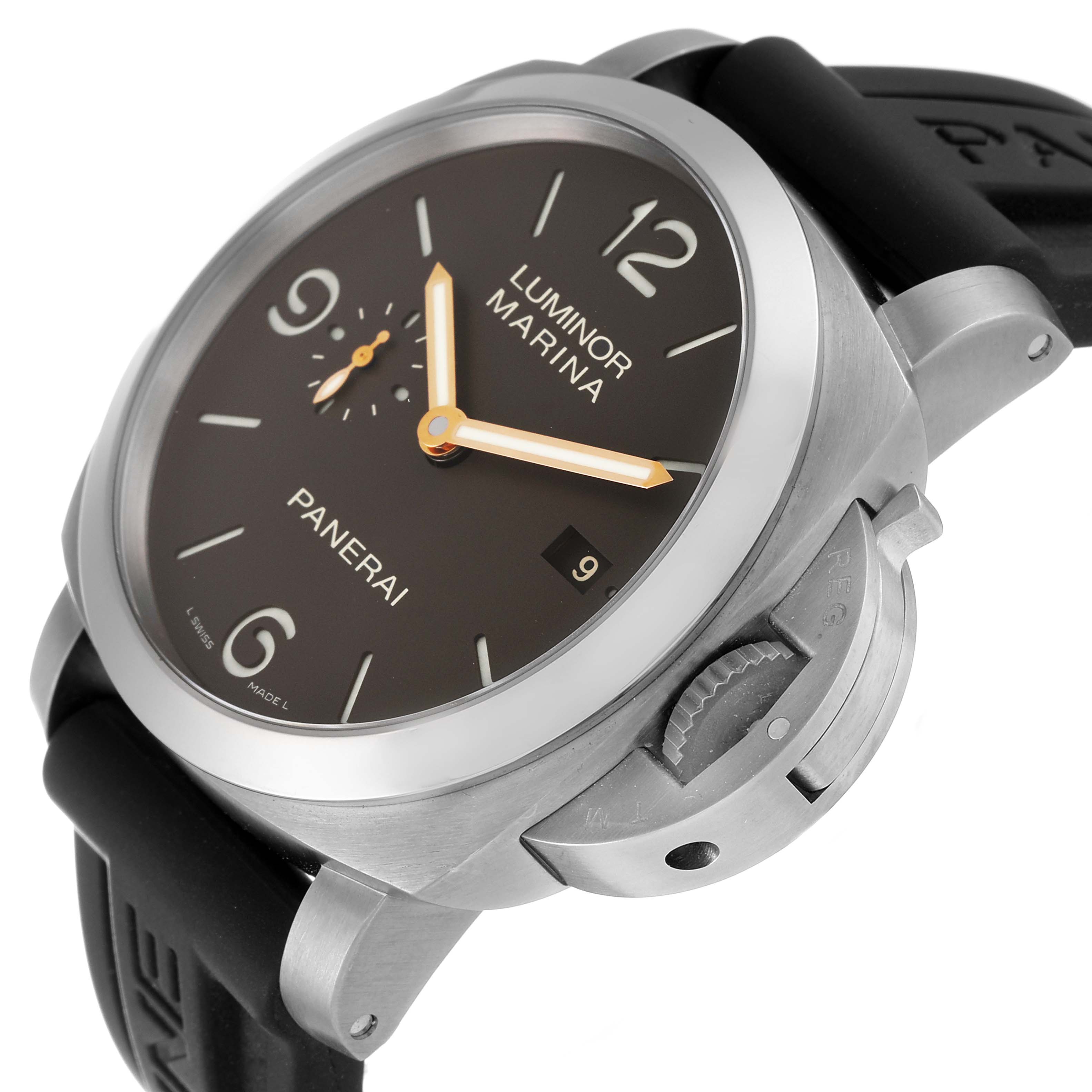 The Panerai Luminor PAM00351 Men's Titanium Brown Dial PAM00351 Men's Titanium Brown Dial model watch is shown at an angle, highlighting its crown guard, dial, and rubber strap.