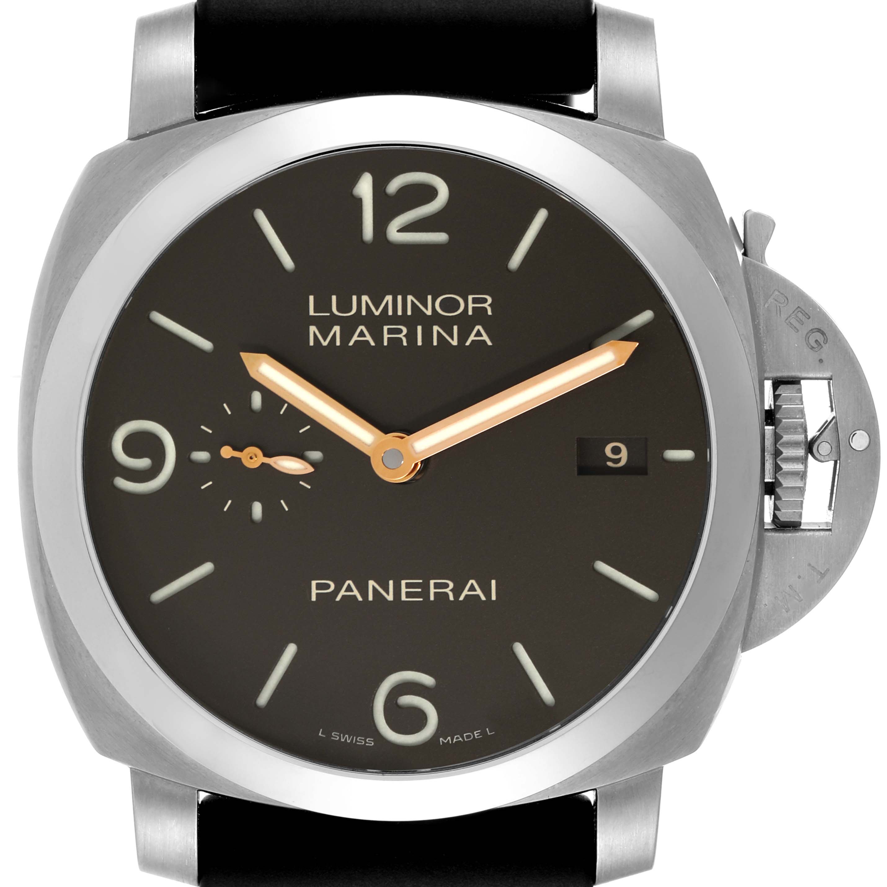 This image shows a front view of the Panerai Luminor PAM00351 Men's Titanium Brown Dial PAM00351 Men's Titanium Brown Dial Marina watch, highlighting its dial, hands, crown guard, and date window.