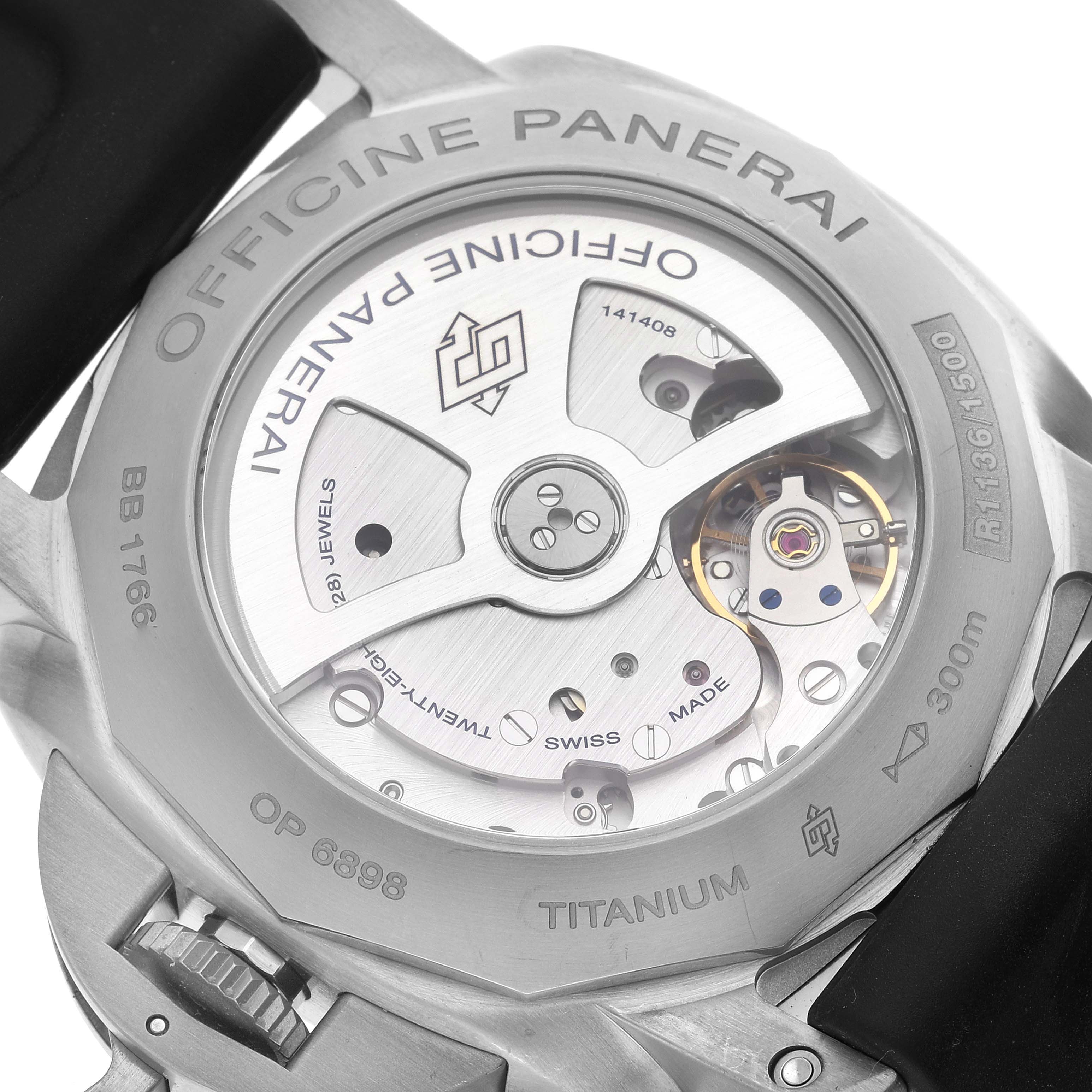 The image shows a close-up of the case back of a Panerai Luminor PAM00351 Men's Titanium Brown Dial PAM00351 Men's Titanium Brown Dial watch, highlighting its movement and engravings.
