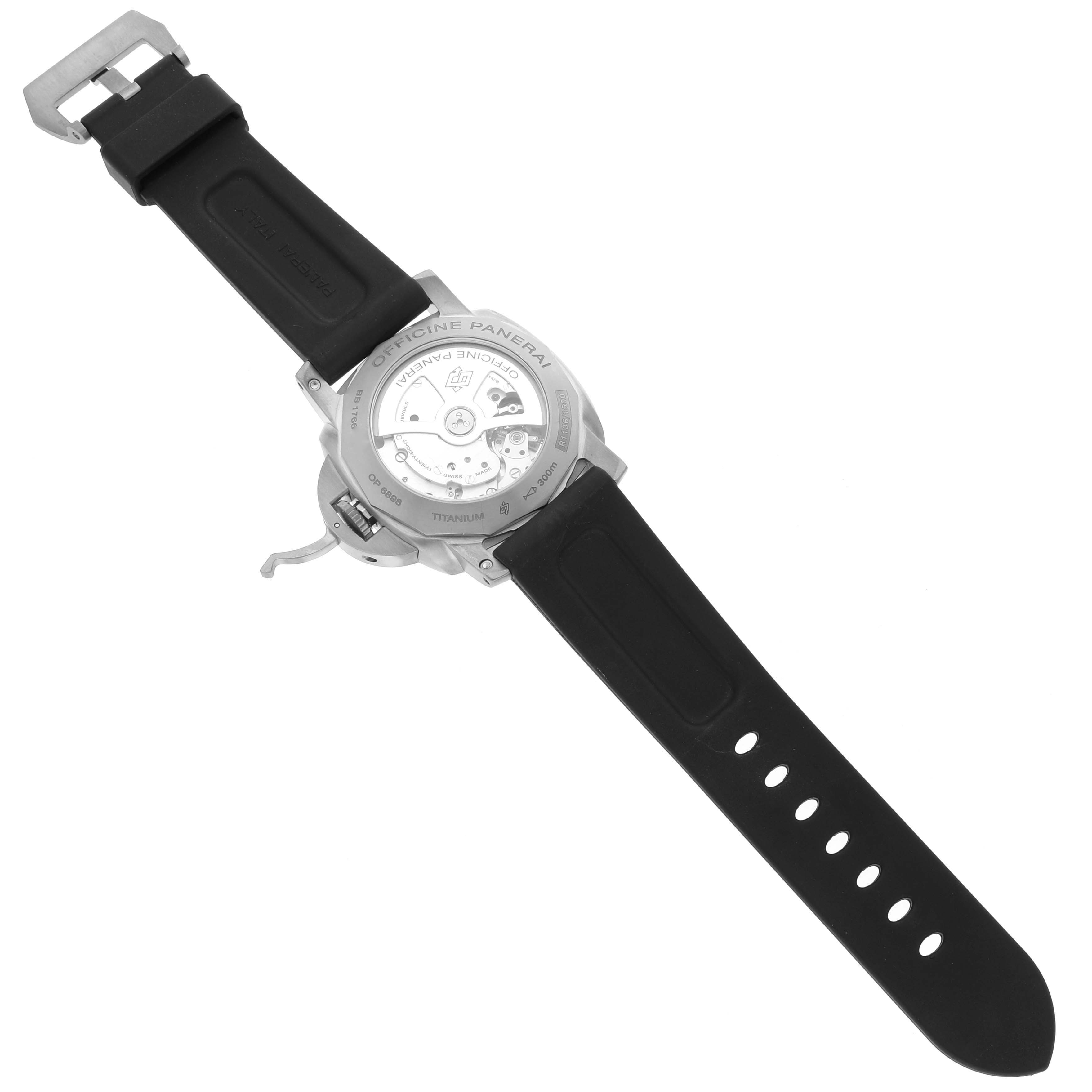 The image shows the back view of a Panerai Luminor PAM00351 Men's Titanium Brown Dial PAM00351 Men's Titanium Brown Dial watch, highlighting the open case back and rubber straps.