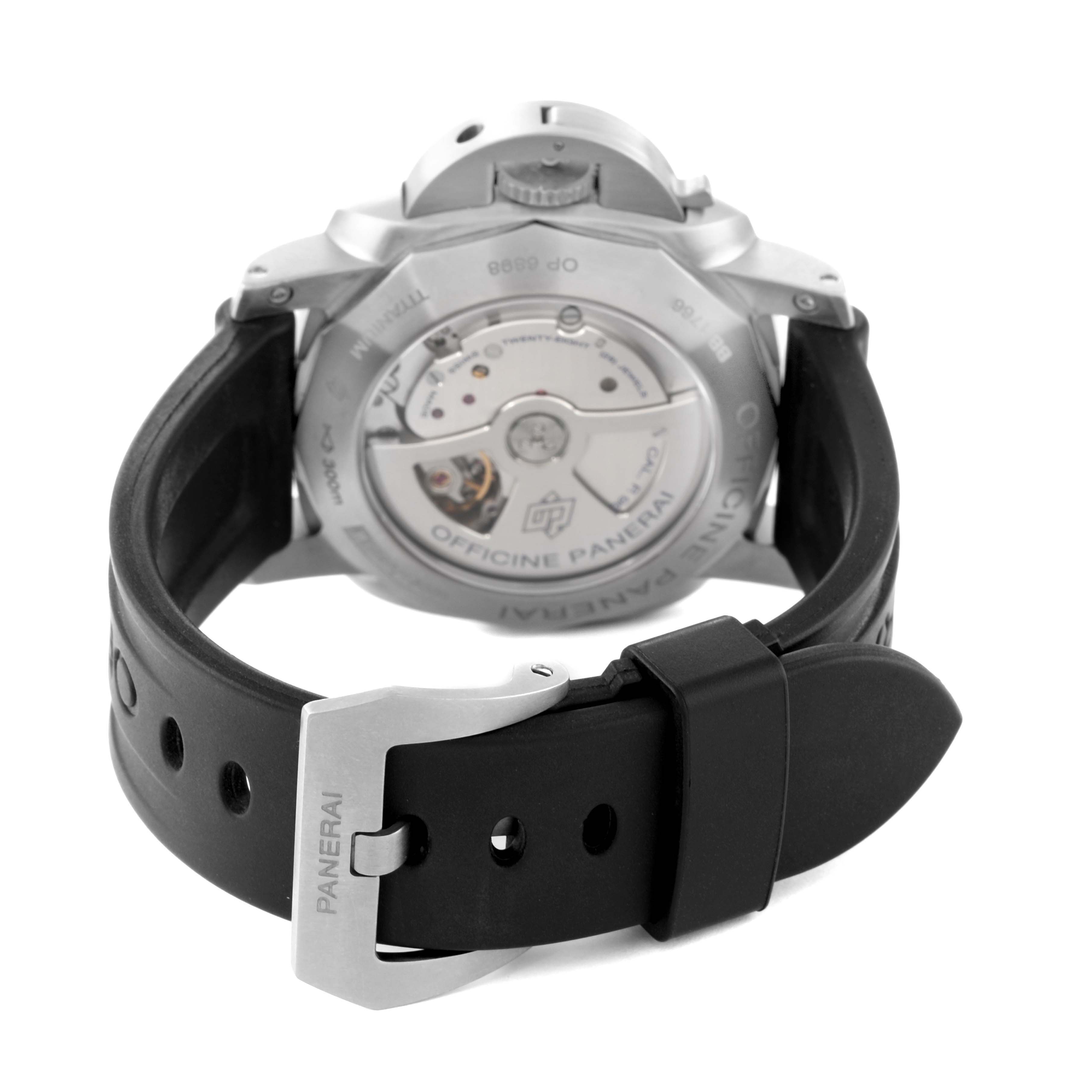 The image shows the back view of a Panerai Luminor PAM00351 Men's Titanium Brown Dial PAM00351 Men's Titanium Brown Dial watch, highlighting its mechanical movement and the Panerai-branded buckle.