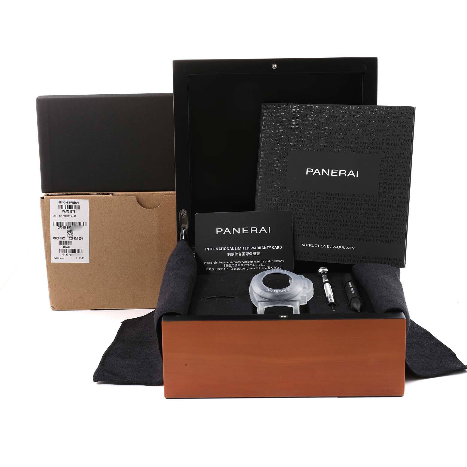 The image shows a Panerai Luminor PAM01279 Men's Titanium Blue Dial PAM01279 Men's Titanium Blue Dial watch set, including warranty cards, manuals, tools, and packaging from a front-facing angle.