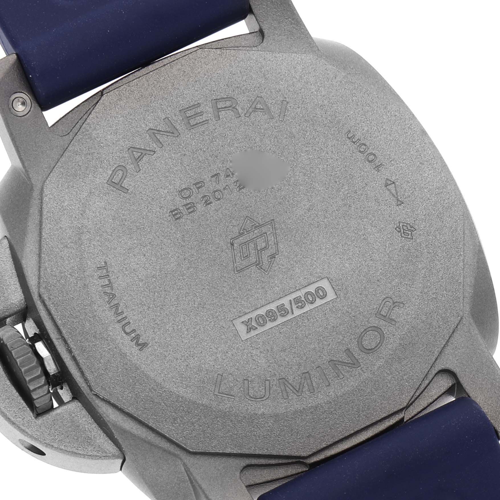 This image shows the back of a Panerai Luminor PAM01279 Men's Titanium Blue Dial PAM01279 Men's Titanium Blue Dial watch, including the titanium case and part of the strap.