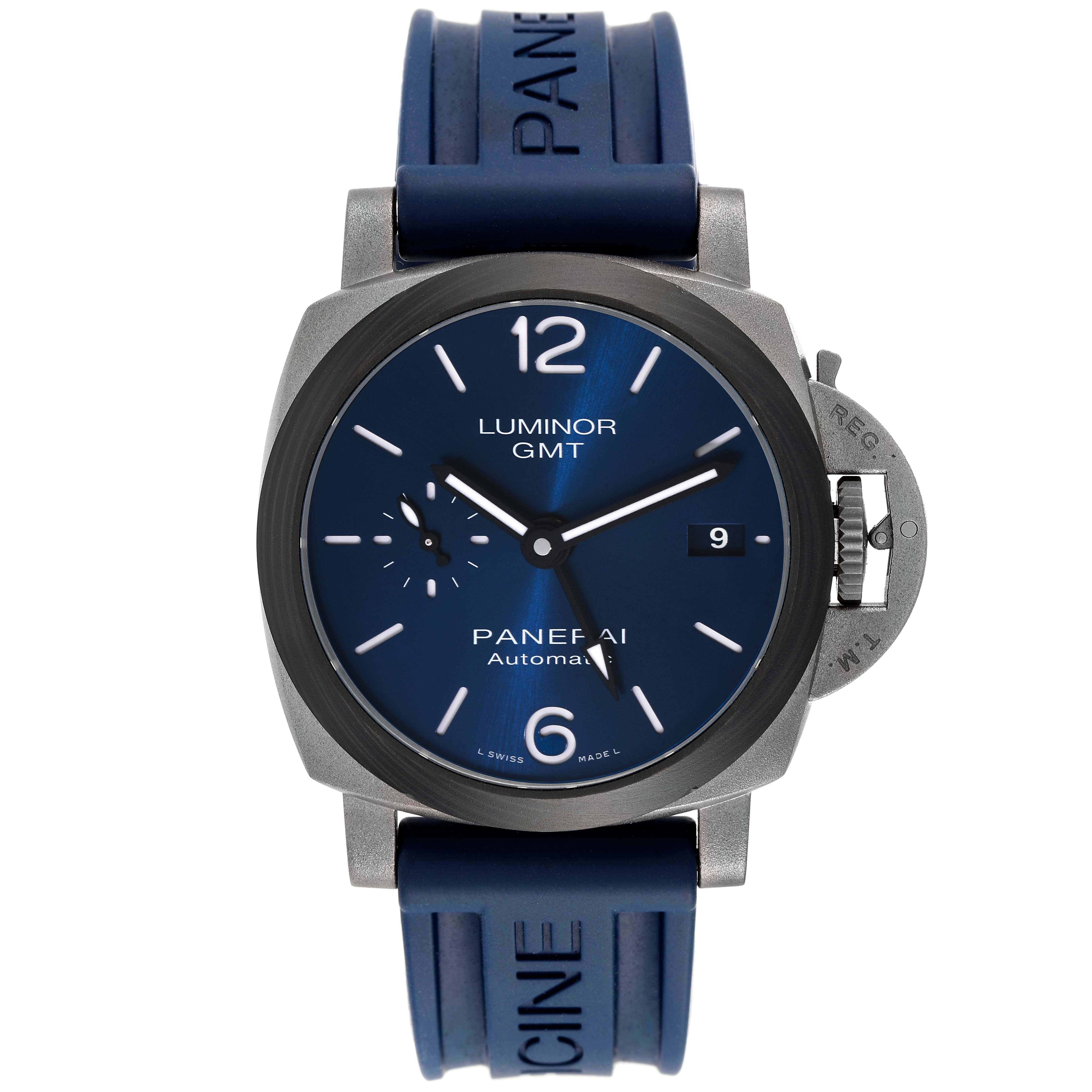 The image shows a front view of a Panerai Luminor PAM01279 Men's Titanium Blue Dial PAM01279 Men's Titanium Blue Dial GMT watch, highlighting its blue dial and strap.