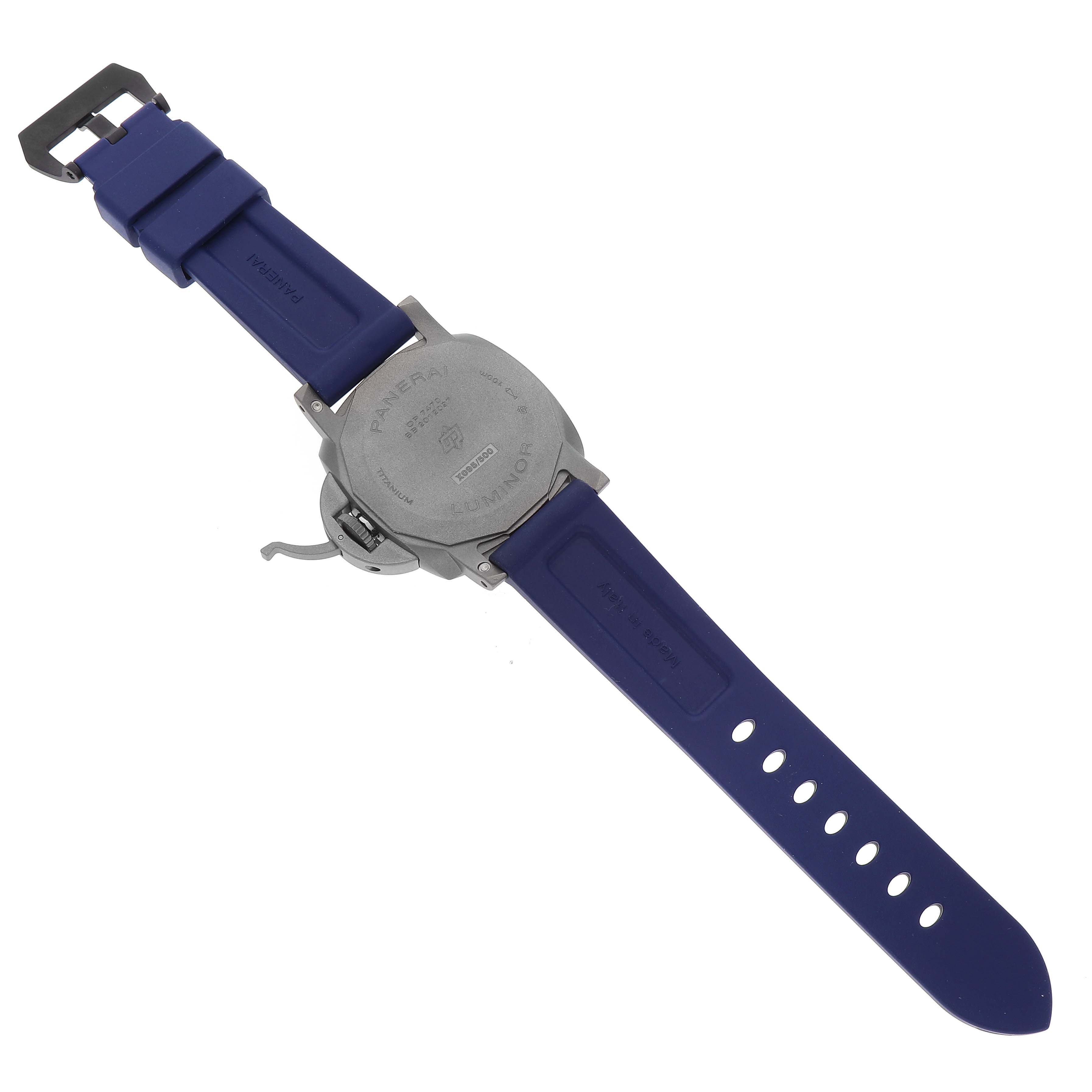 The image shows the back side and strap of a Panerai Luminor PAM01279 Men's Titanium Blue Dial PAM01279 Men's Titanium Blue Dial watch, highlighting the case back and blue rubber strap.