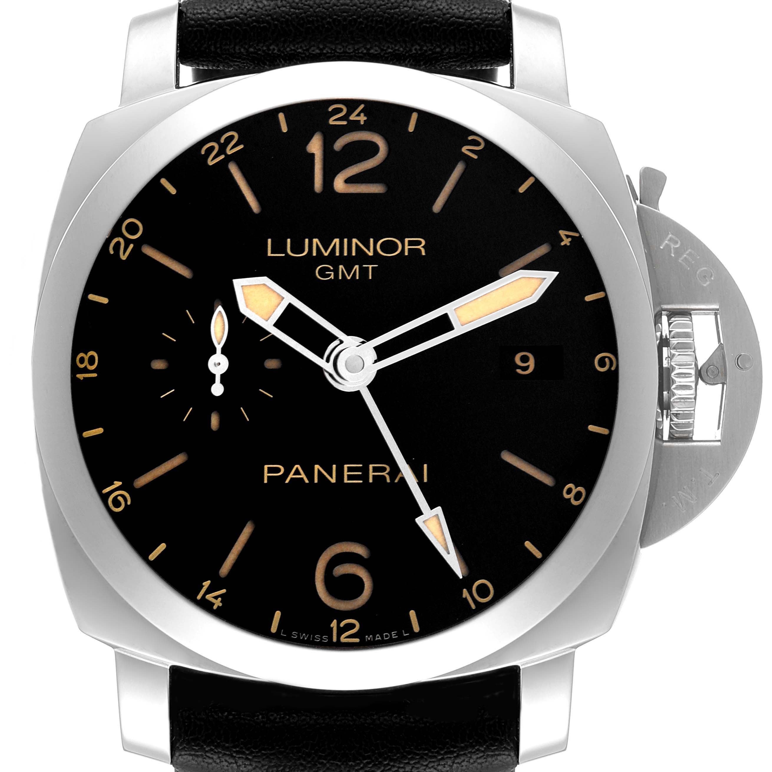 This image shows a Panerai Luminor PAM00531 Men
s Stainless Steel Black Dial PAM00531 Men
s Stainless Steel Black Dial watch face at a straight-on angle, highlighting its dial, hands, and crown guard.