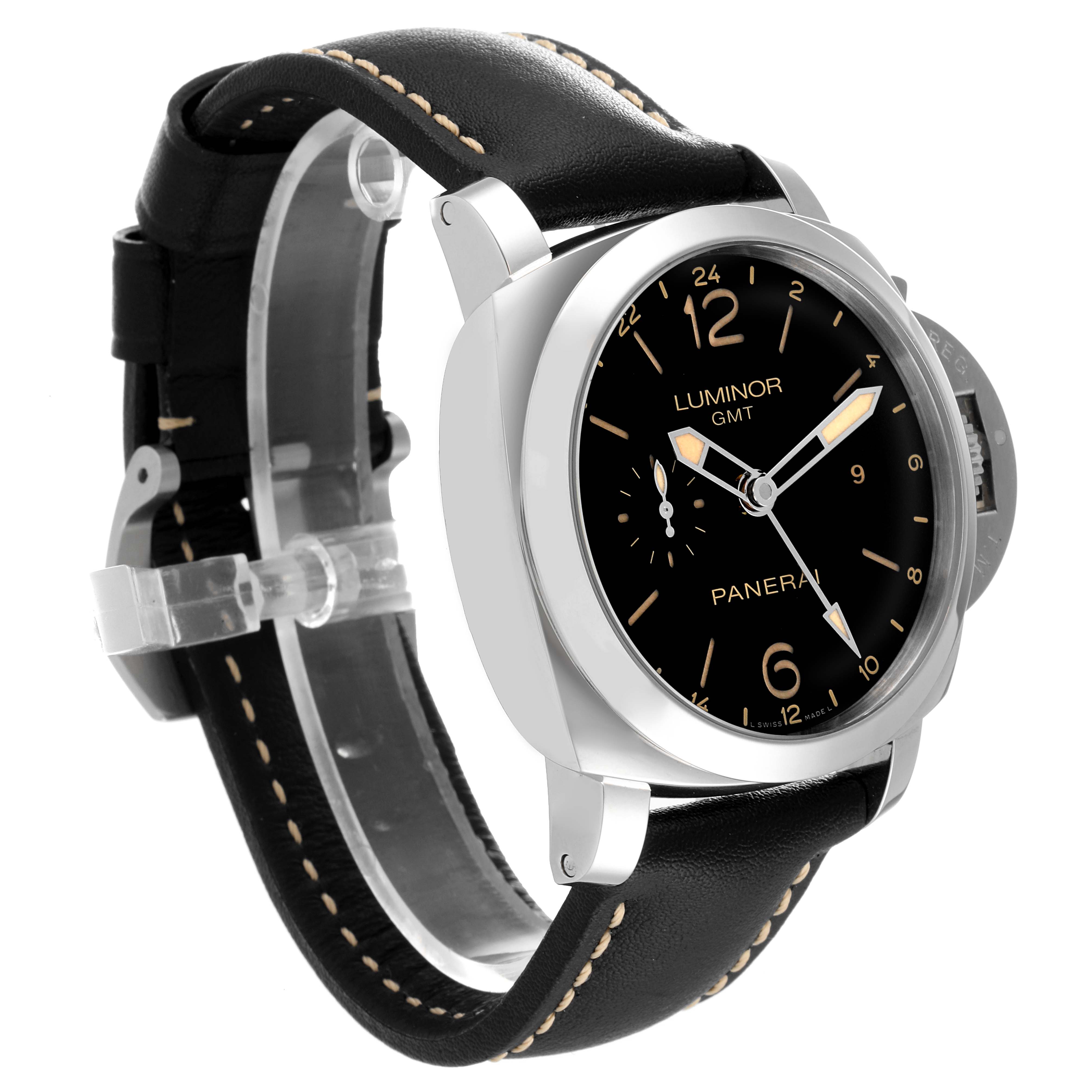 The Panerai Luminor PAM00531 Men
s Stainless Steel Black Dial PAM00531 Men
s Stainless Steel Black Dial watch is shown at a three-quarter angle, highlighting its black dial, leather strap, and crown guard.