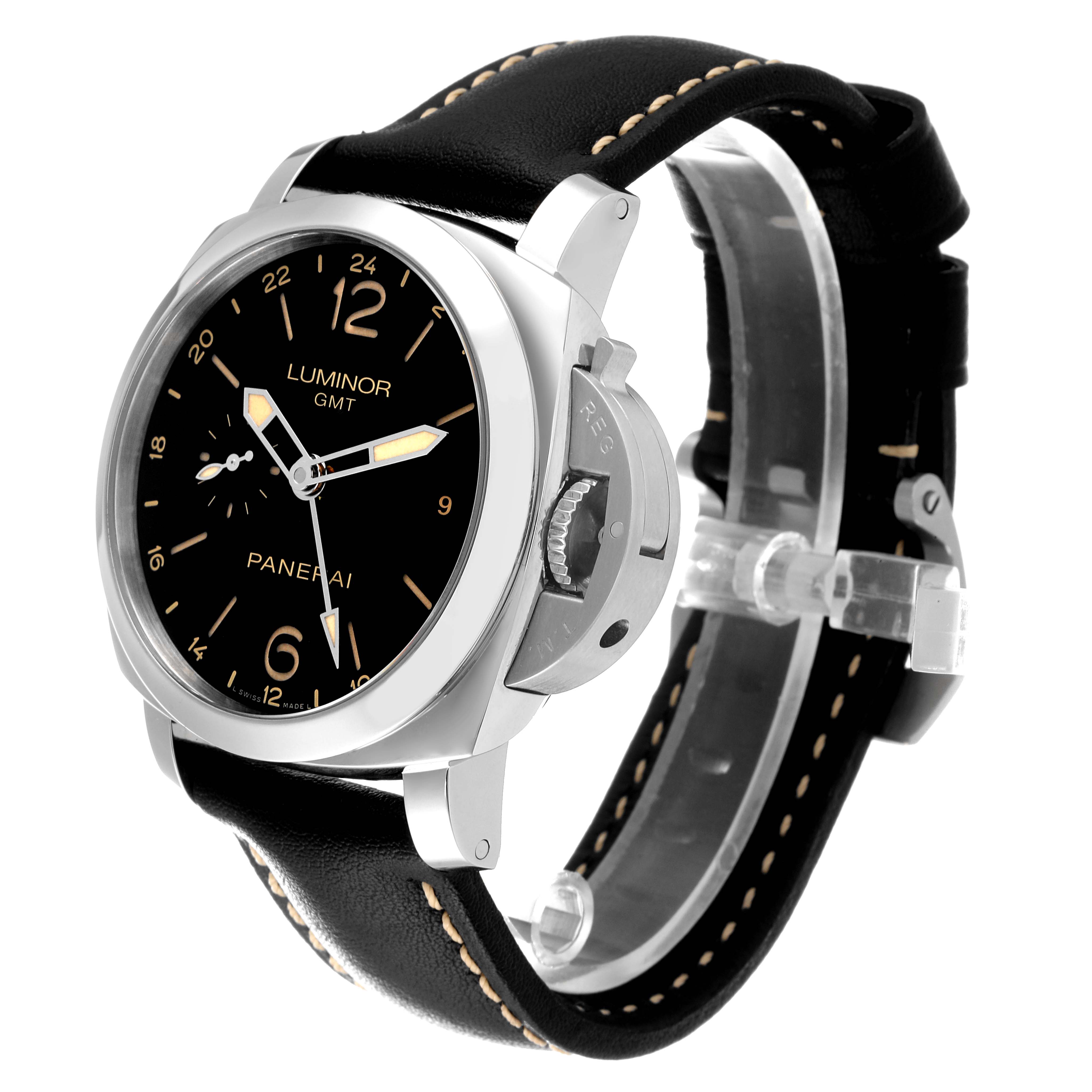 The Panerai Luminor PAM00531 Men
s Stainless Steel Black Dial PAM00531 Men
s Stainless Steel Black Dial GMT watch is shown at an angle highlighting the dial, crown guard, and black leather strap.