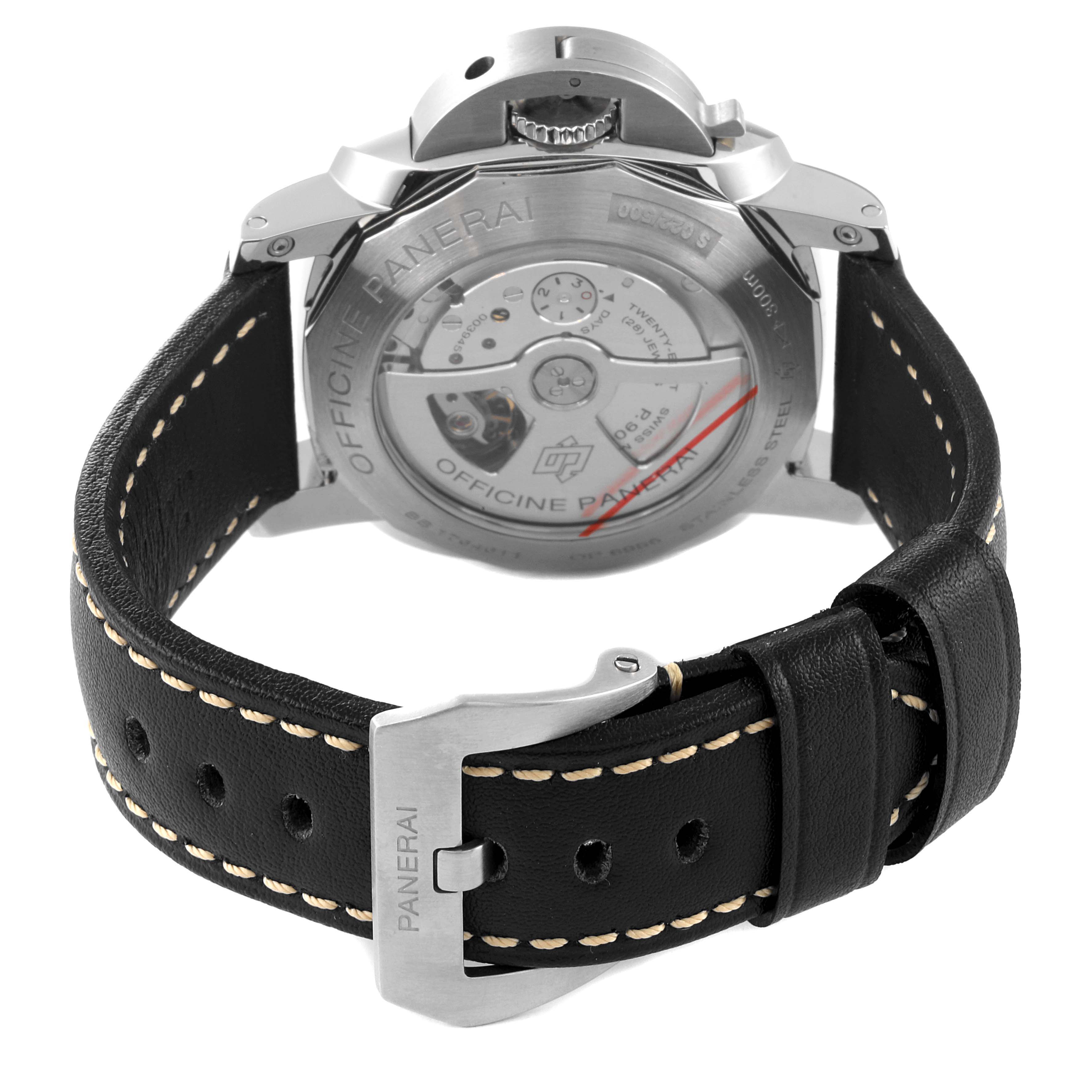 The image shows the back view of a Panerai Luminor PAM00531 Men
s Stainless Steel Black Dial PAM00531 Men
s Stainless Steel Black Dial watch, highlighting its transparent case back and black leather strap with a buckle.