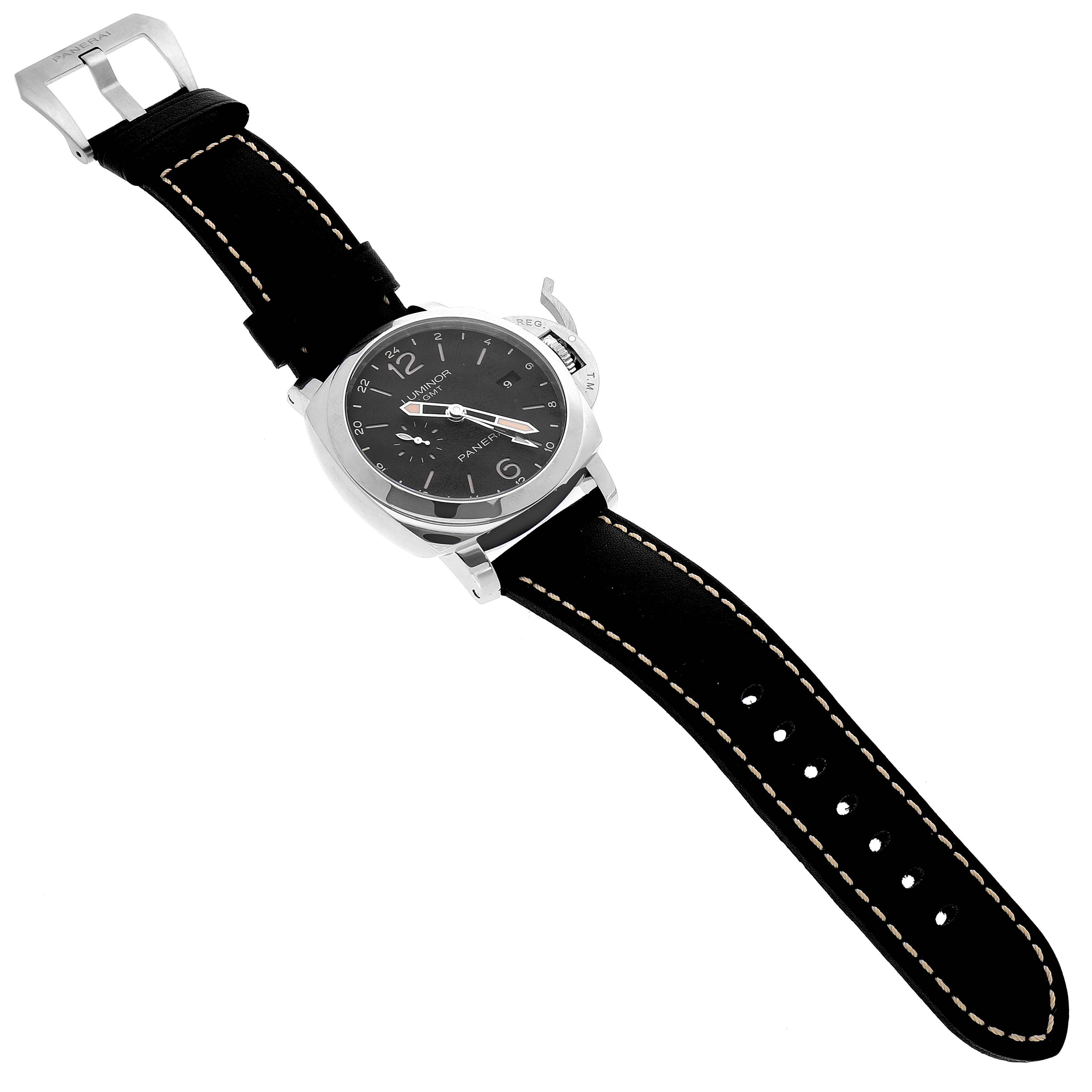 The image shows a top-down view of a Panerai Luminor PAM00531 Men
s Stainless Steel Black Dial PAM00531 Men
s Stainless Steel Black Dial watch, highlighting its black dial, case, and leather strap with contrast stitching.