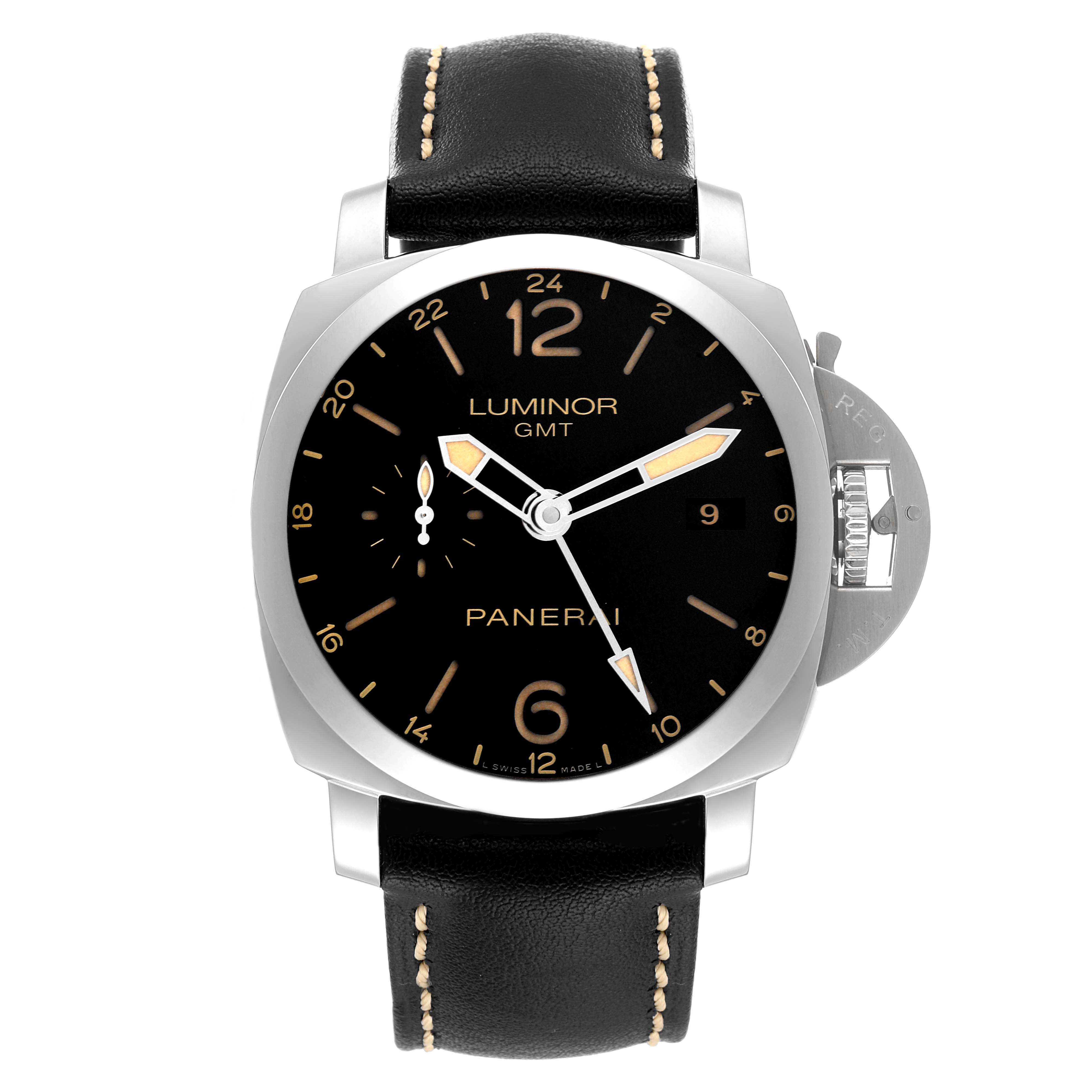 This image shows a front view of a Panerai Luminor PAM00531 Men
s Stainless Steel Black Dial PAM00531 Men
s Stainless Steel Black Dial GMT watch with a black dial and leather strap.