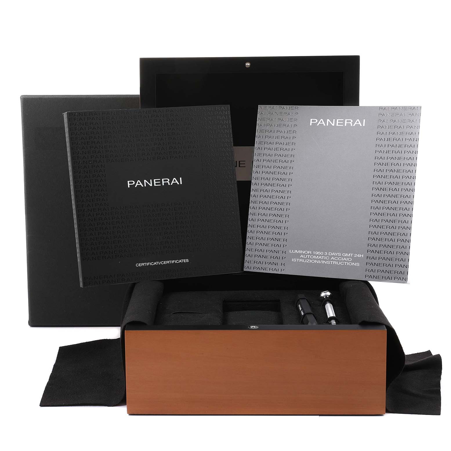 The image shows the box and manuals for a Panerai Luminor PAM00531 Men
s Stainless Steel Black Dial PAM00531 Men
s Stainless Steel Black Dial watch, including accessories and documentation from a front angle.