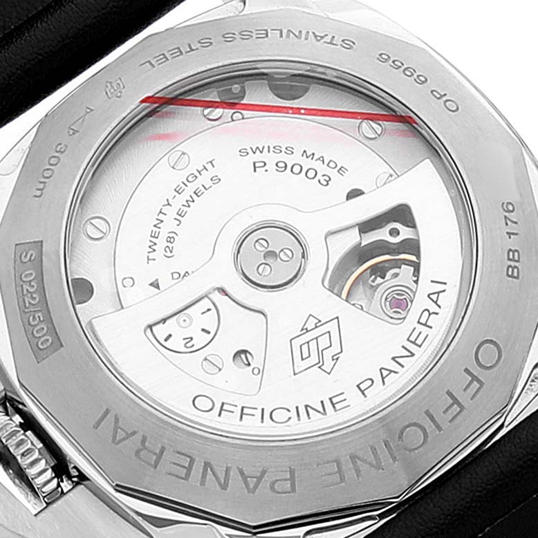 Close-up of the case back of a Panerai Luminor PAM00531 Men
s Stainless Steel Black Dial PAM00531 Men
s Stainless Steel Black Dial watch, showing the movement and engravings.