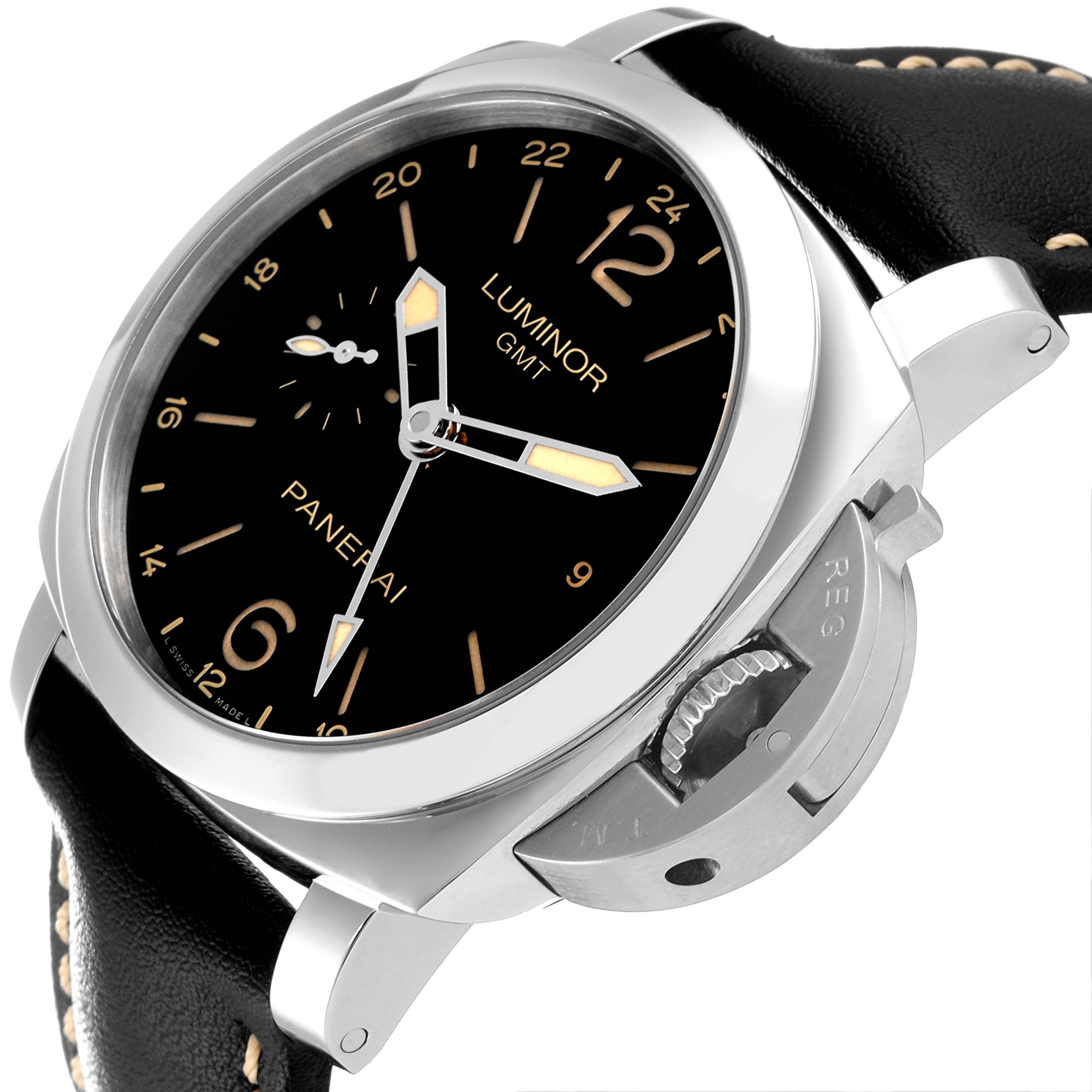 The image shows a Panerai Luminor PAM00531 Men
s Stainless Steel Black Dial PAM00531 Men
s Stainless Steel Black Dial watch from an angled side view, highlighting its black dial, hour markers, and crown protector.