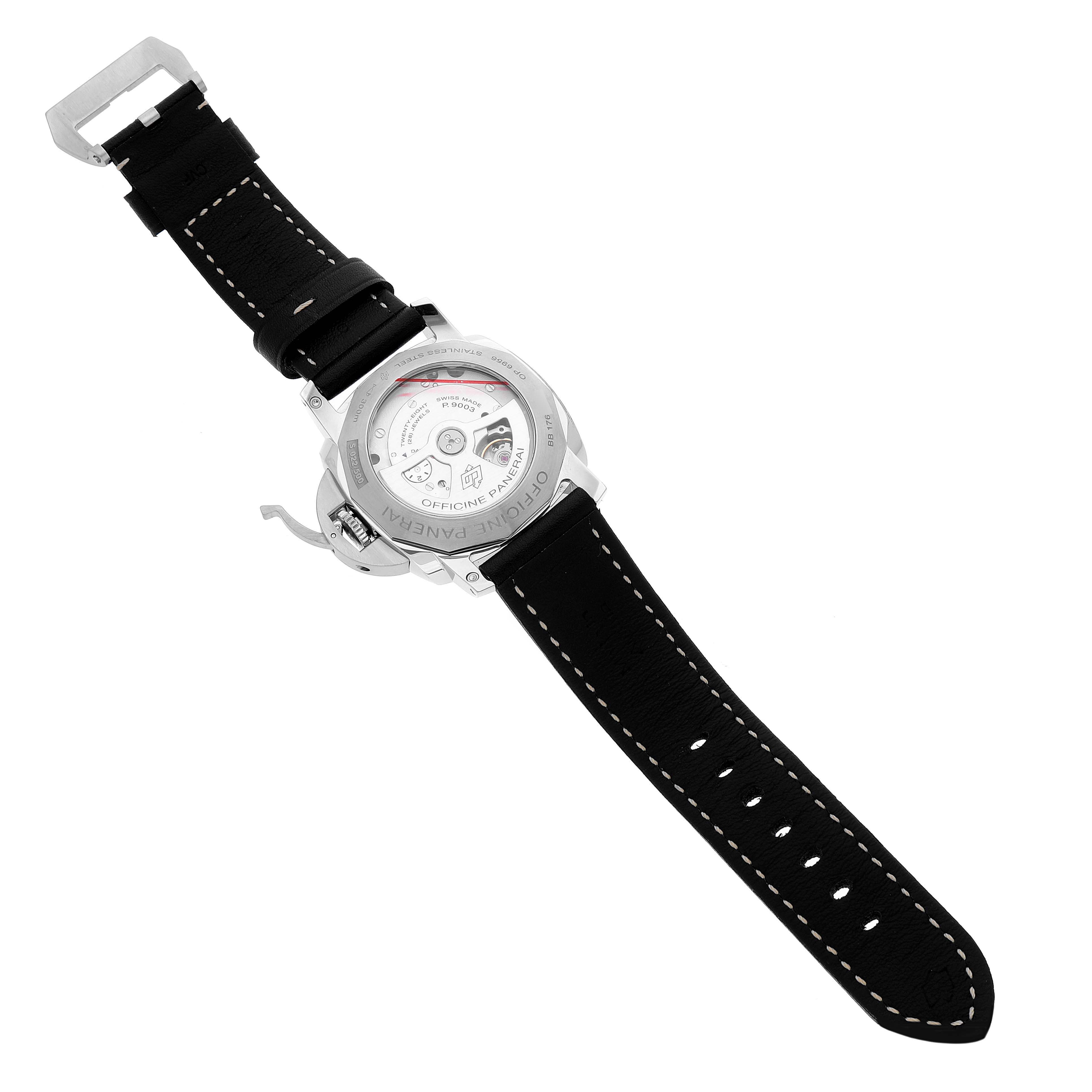 The image shows the back view of a Panerai Luminor PAM00531 Men
s Stainless Steel Black Dial PAM00531 Men
s Stainless Steel Black Dial watch, highlighting the movement and black leather strap.