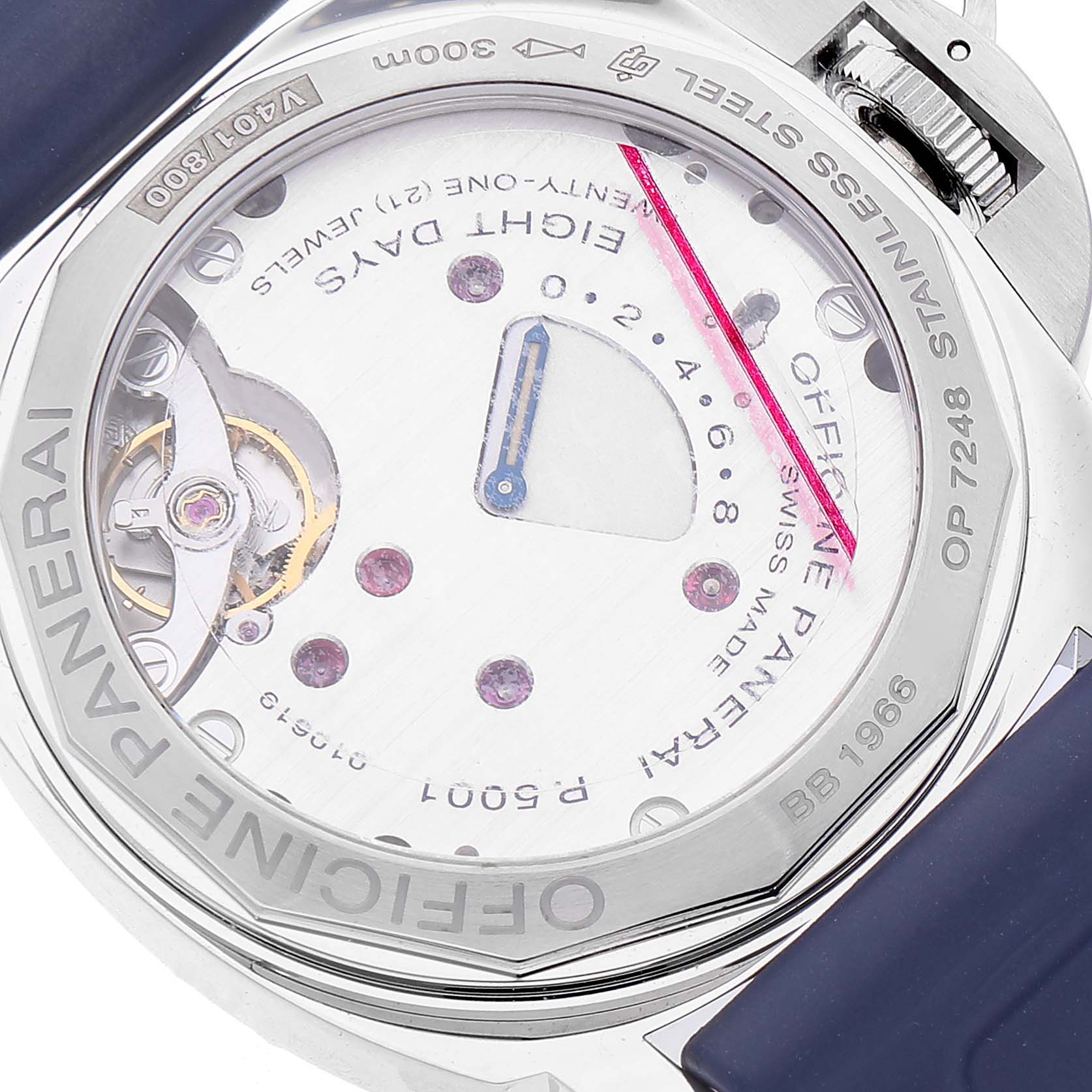 The image shows the back view of a Panerai Luminor PAM00796 Men
s Stainless Steel Black Dial PAM00796 Men
s Stainless Steel Black Dial watch case, revealing the mechanical movement and inner details.