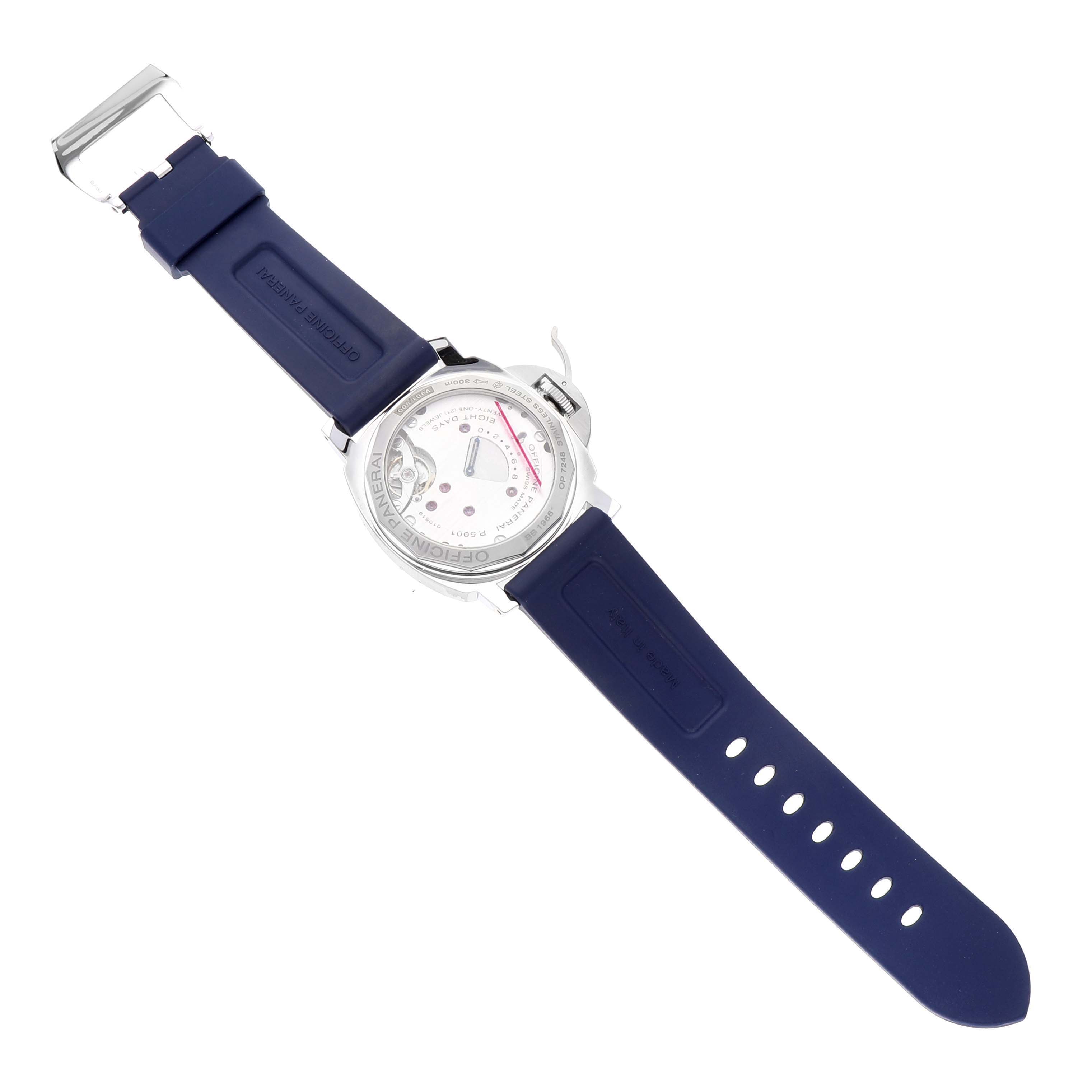 The image shows the back of a Panerai Luminor PAM00796 Men
s Stainless Steel Black Dial PAM00796 Men
s Stainless Steel Black Dial watch with its blue strap fully extended.