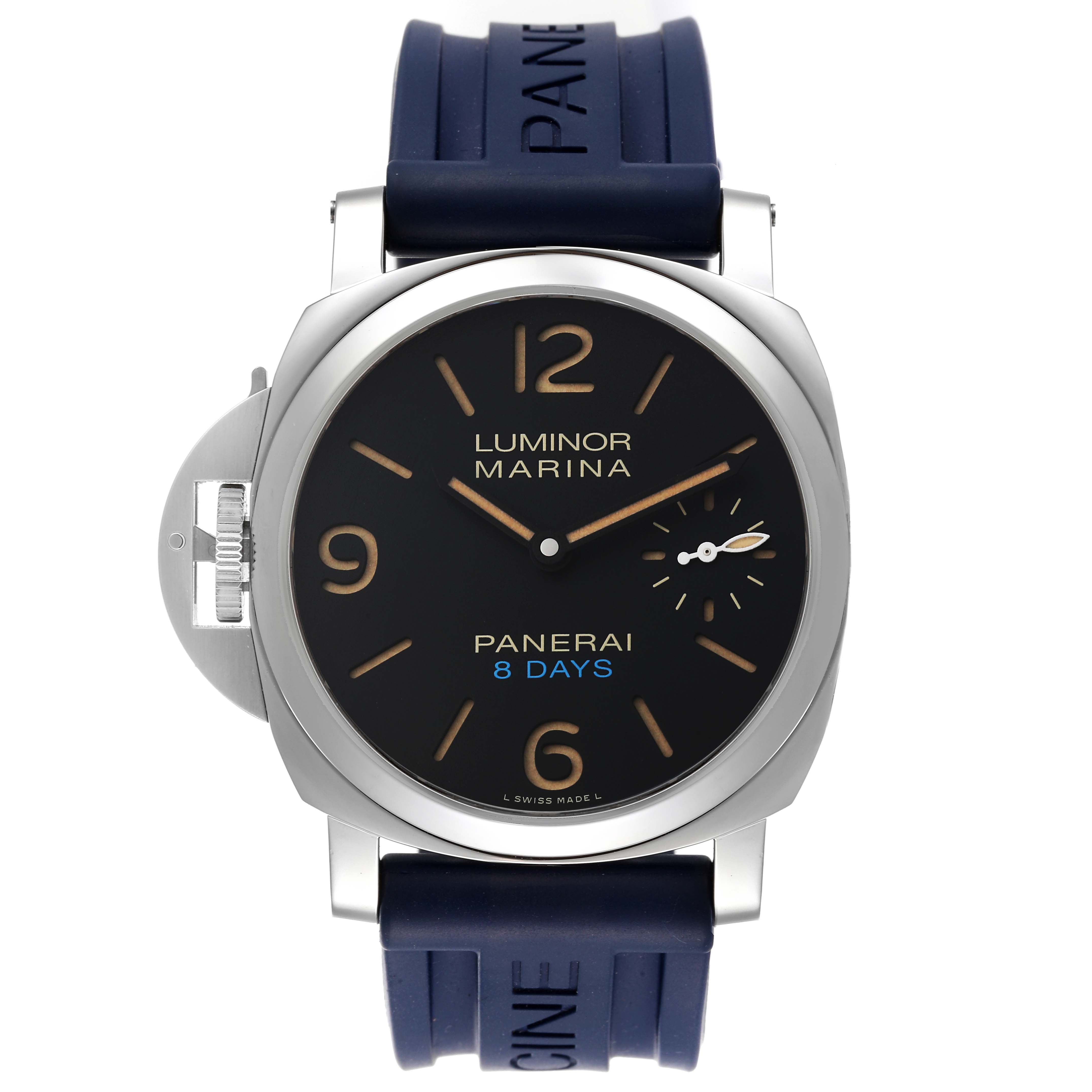 The image shows a front view of a Panerai Luminor PAM00796 Men
s Stainless Steel Black Dial PAM00796 Men
s Stainless Steel Black Dial Marina watch, highlighting the dial, crown guard, and rubber strap.