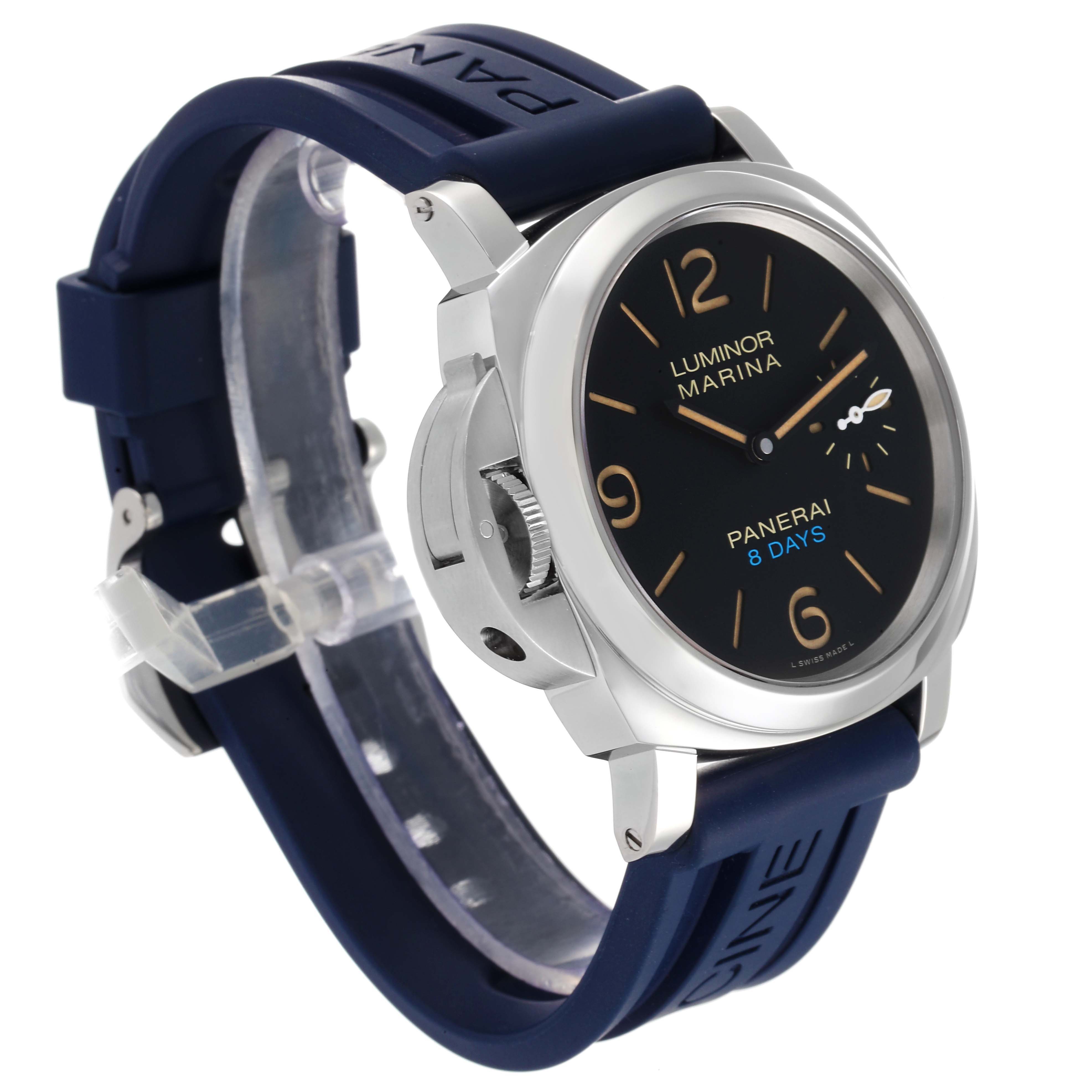 This image features a Panerai Luminor PAM00796 Men
s Stainless Steel Black Dial PAM00796 Men
s Stainless Steel Black Dial model watch viewed from an angled side perspective, showcasing the dial, crown guard, and strap.