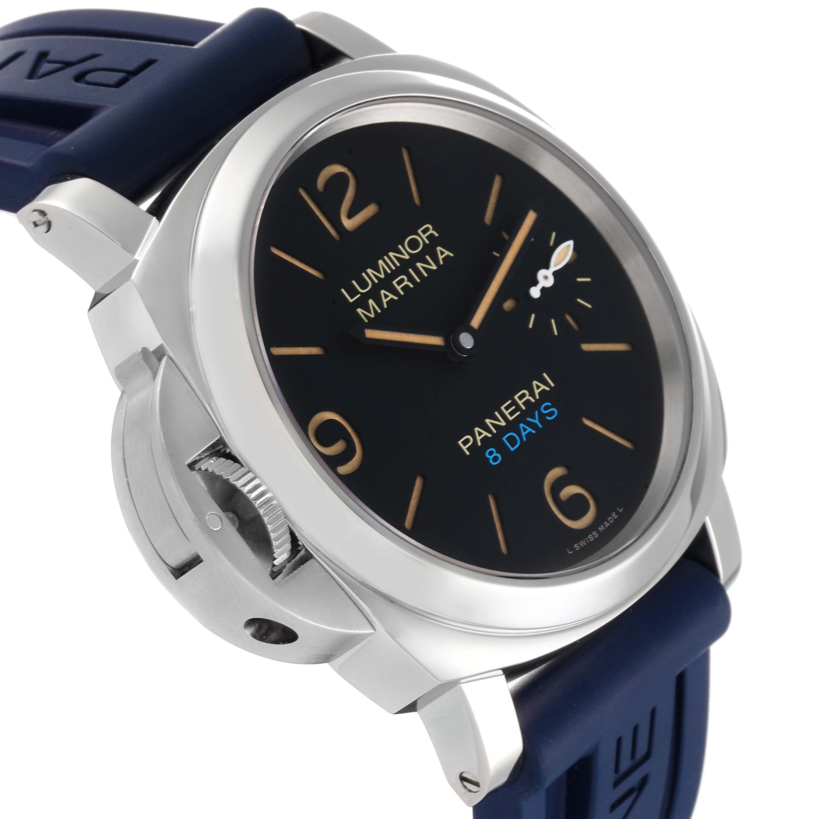 The image shows a close-up angle of a Panerai Luminor PAM00796 Men
s Stainless Steel Black Dial PAM00796 Men
s Stainless Steel Black Dial Marina watch, highlighting its dial, crown, and rubber strap.