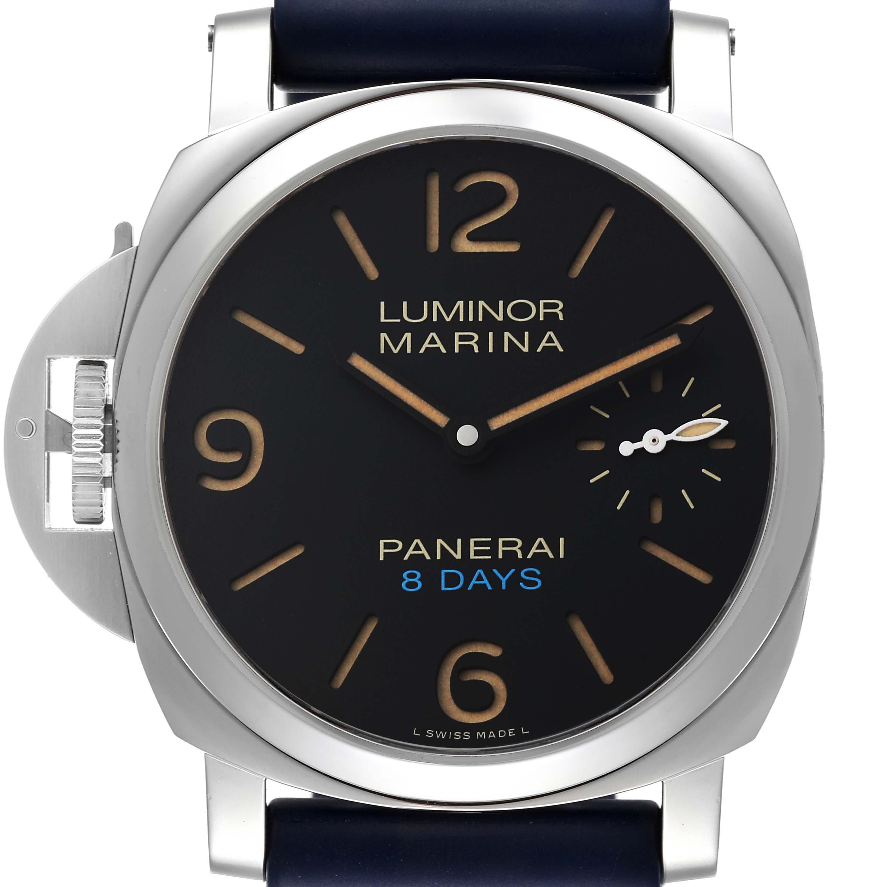 The image shows a front view of the Panerai Luminor PAM00796 Men
s Stainless Steel Black Dial PAM00796 Men
s Stainless Steel Black Dial Marina watch, highlighting its dial, hour markers, and crown protector.