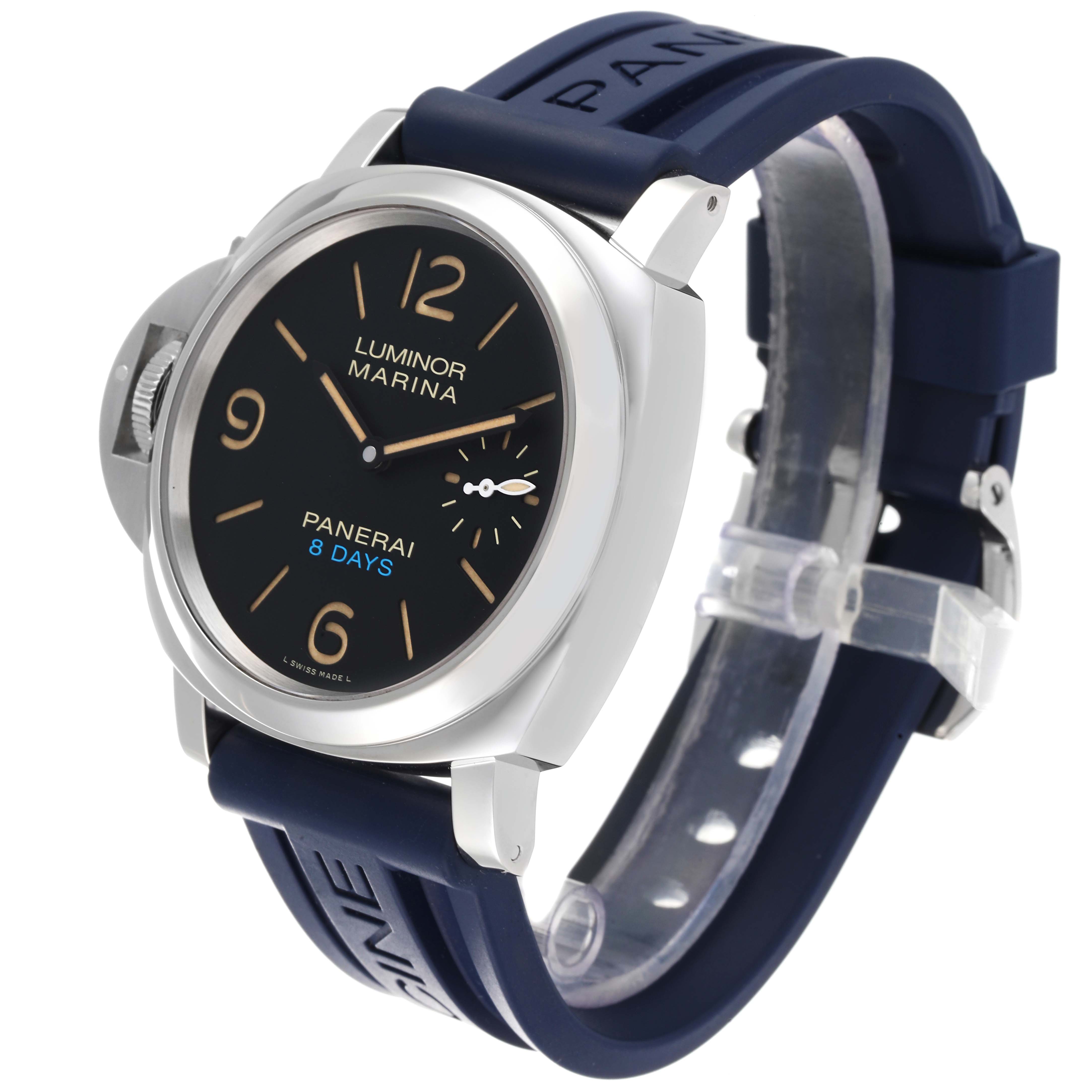 The image shows a Panerai Luminor PAM00796 Men
s Stainless Steel Black Dial PAM00796 Men
s Stainless Steel Black Dial Marina watch at a three-quarter angle, highlighting its dial, case, and rubber strap.