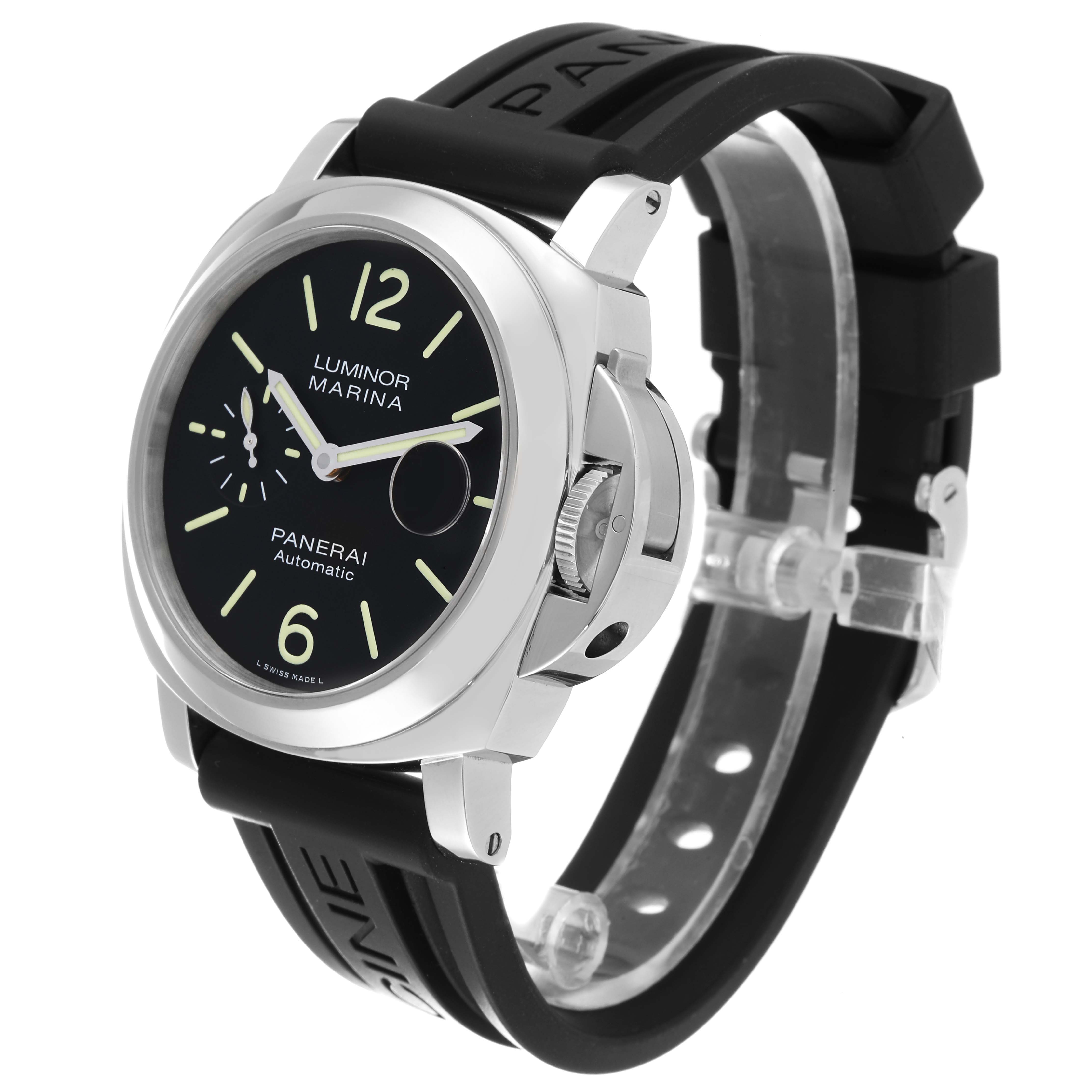 The image shows a Panerai Luminor PAM01104 Men
s Stainless Steel Black Dial PAM01104 Men
s Stainless Steel Black Dial watch from an angled side view, highlighting the face, bezel, crown guard, and black rubber strap.