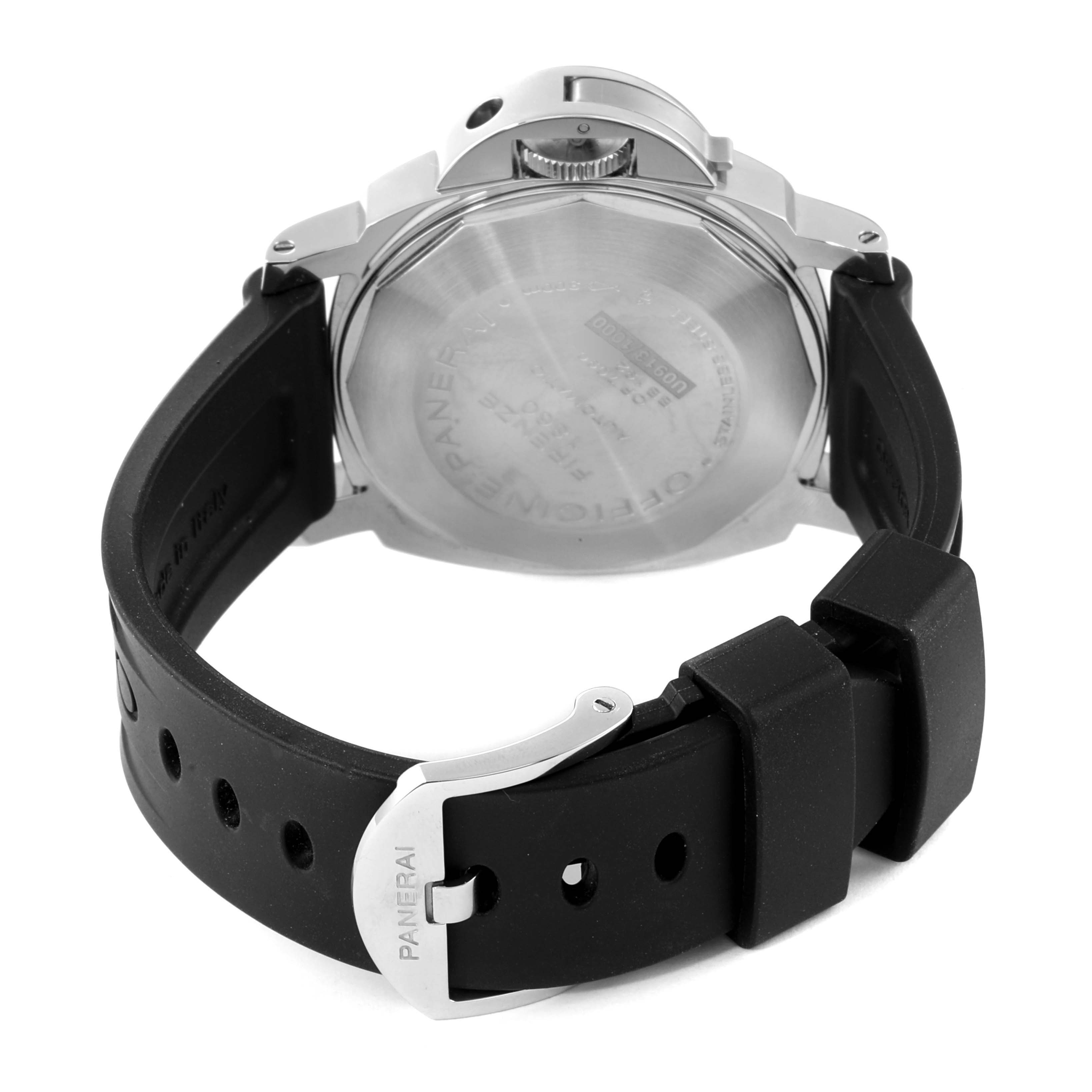 The image shows the back view of a Panerai Luminor PAM01104 Men
s Stainless Steel Black Dial PAM01104 Men
s Stainless Steel Black Dial watch, highlighting its case back, crown guard, and black rubber strap with buckle.