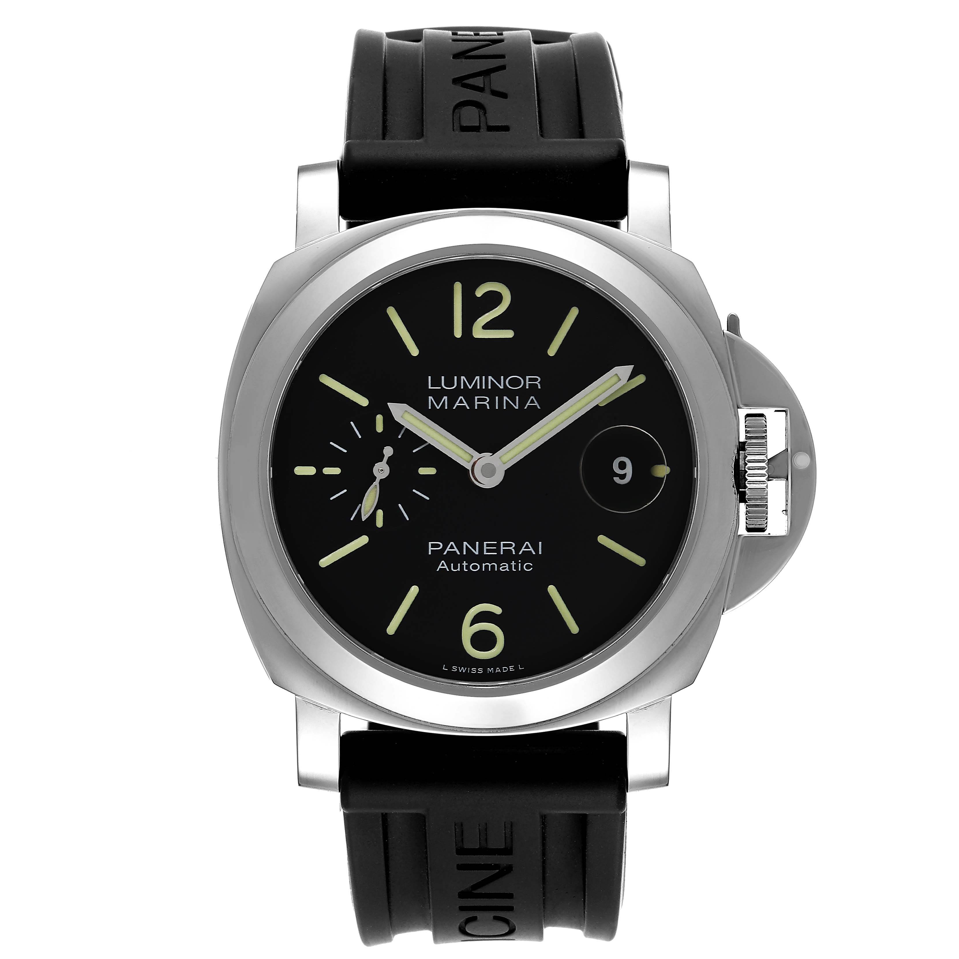 The image shows a front view of a Panerai Luminor PAM01104 Men
s Stainless Steel Black Dial PAM01104 Men
s Stainless Steel Black Dial model watch, featuring its black dial, strap, and crown protector.