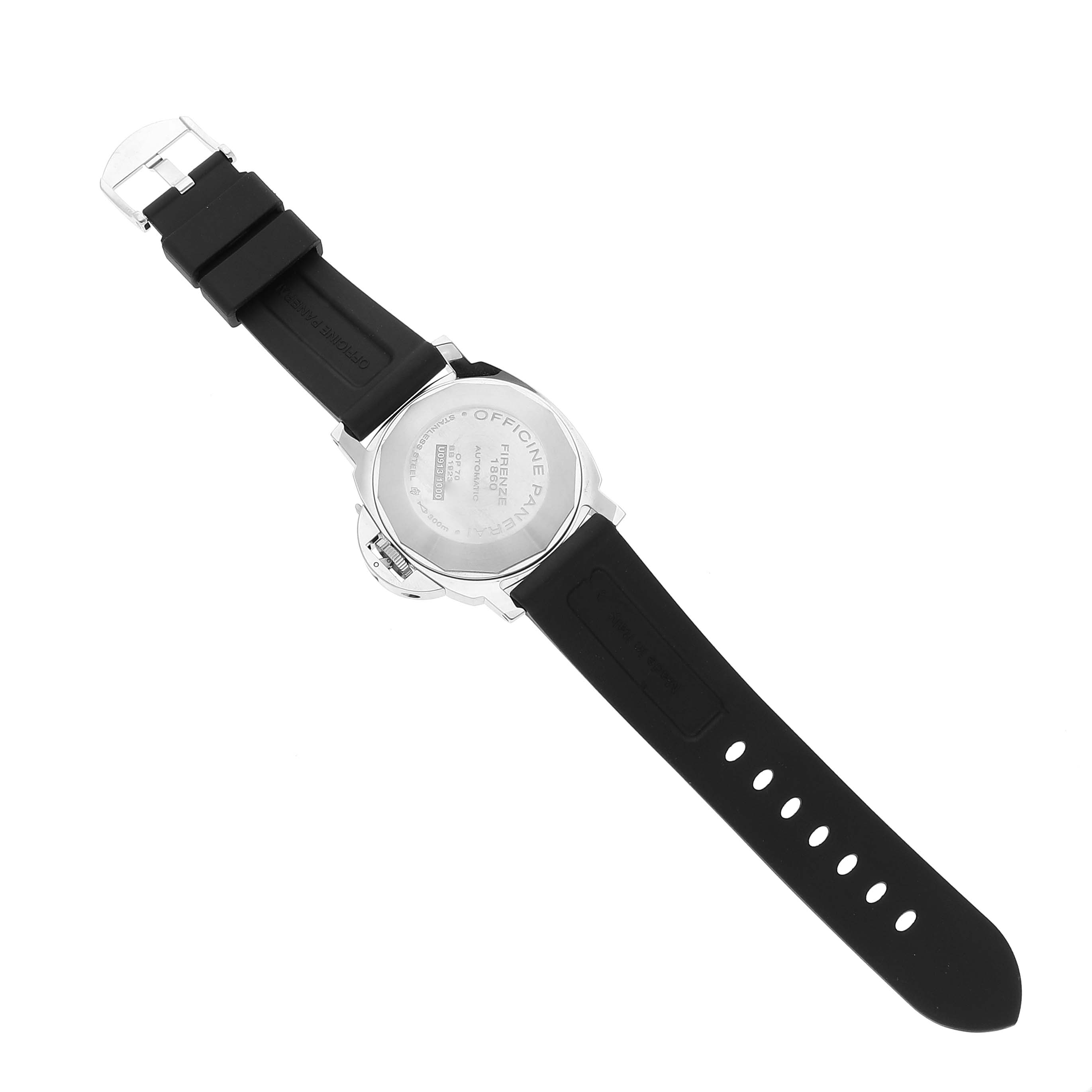 The image shows the back view of the Luminor model by Panerai, highlighting the case back and black rubber strap.