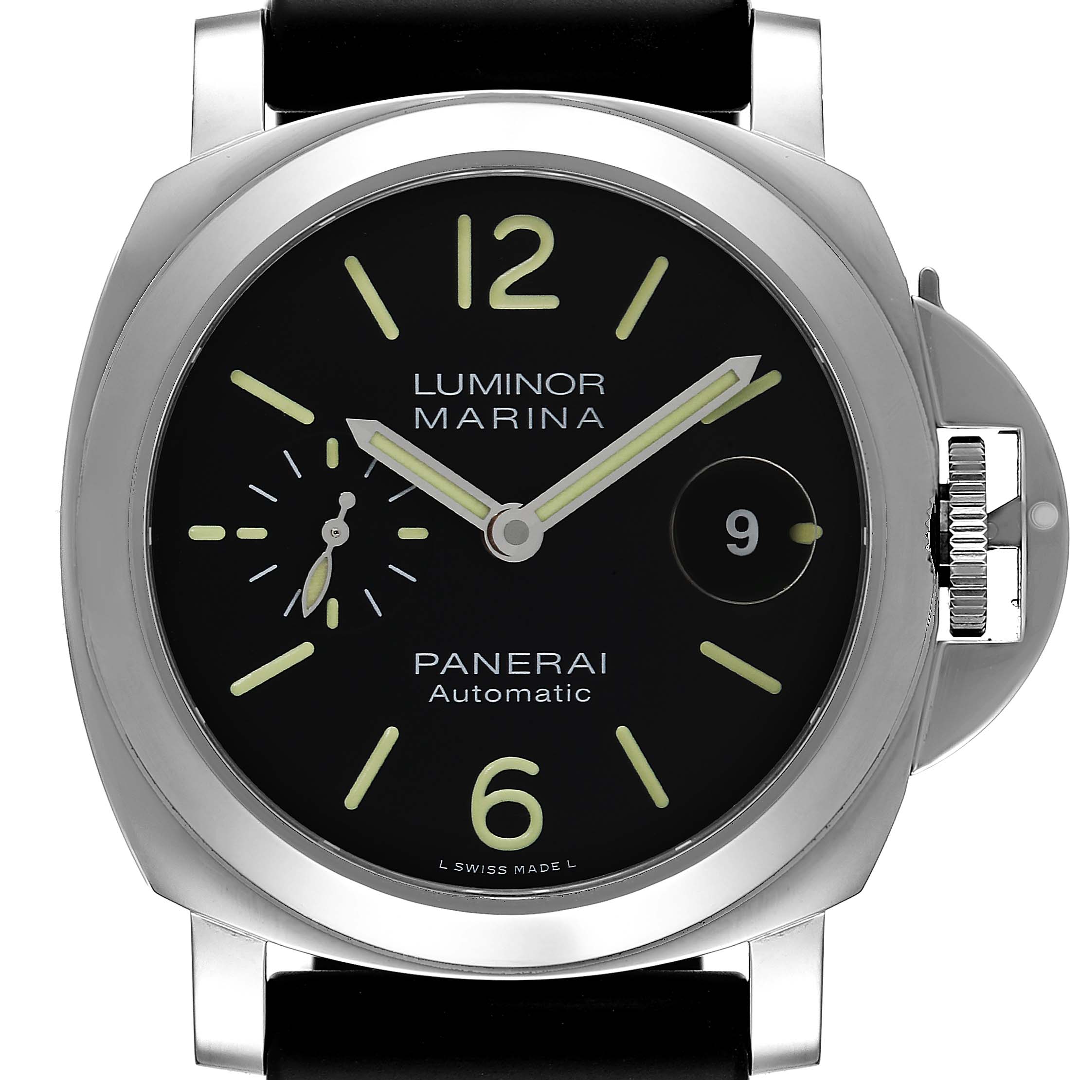 The image shows a front view of a Panerai Luminor PAM01104 Men
s Stainless Steel Black Dial PAM01104 Men
s Stainless Steel Black Dial Marina watch, highlighting its black dial, numerals, date window, and crown protector.