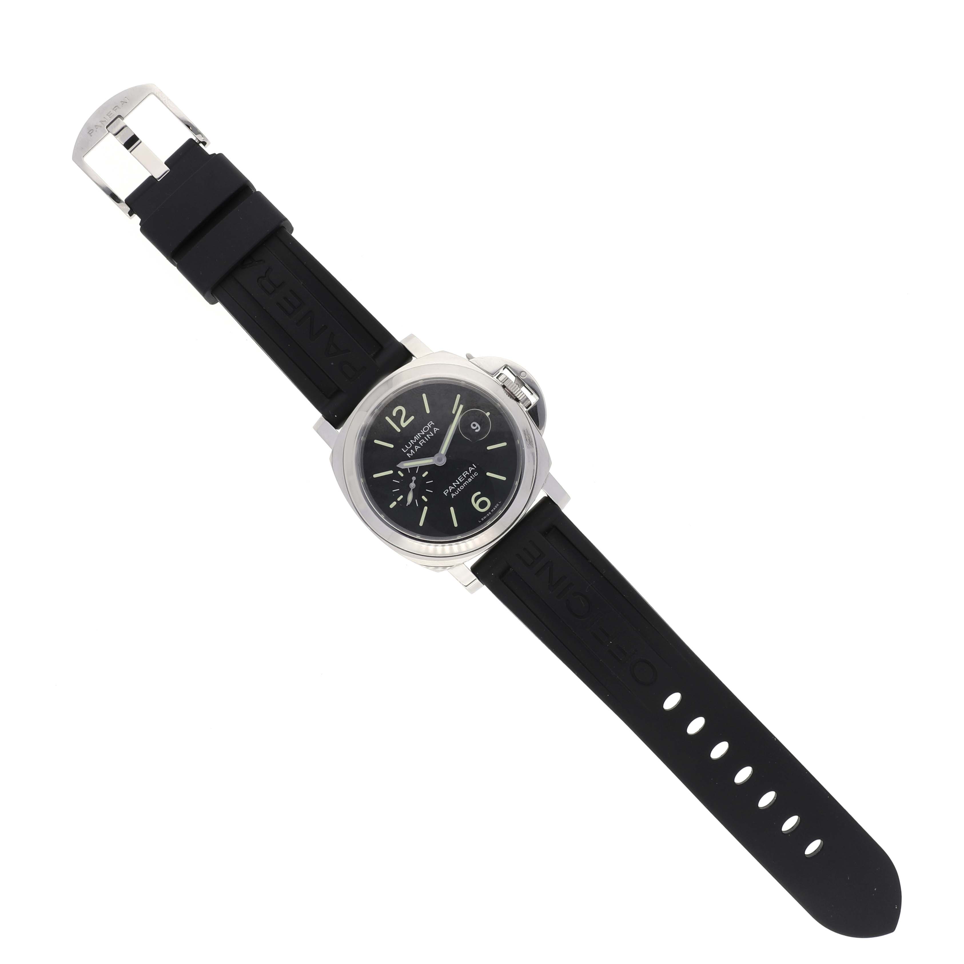 The Panerai Luminor PAM01104 Men
s Stainless Steel Black Dial PAM01104 Men
s Stainless Steel Black Dial watch is shown from a top-down angle with a black strap and visible dial.